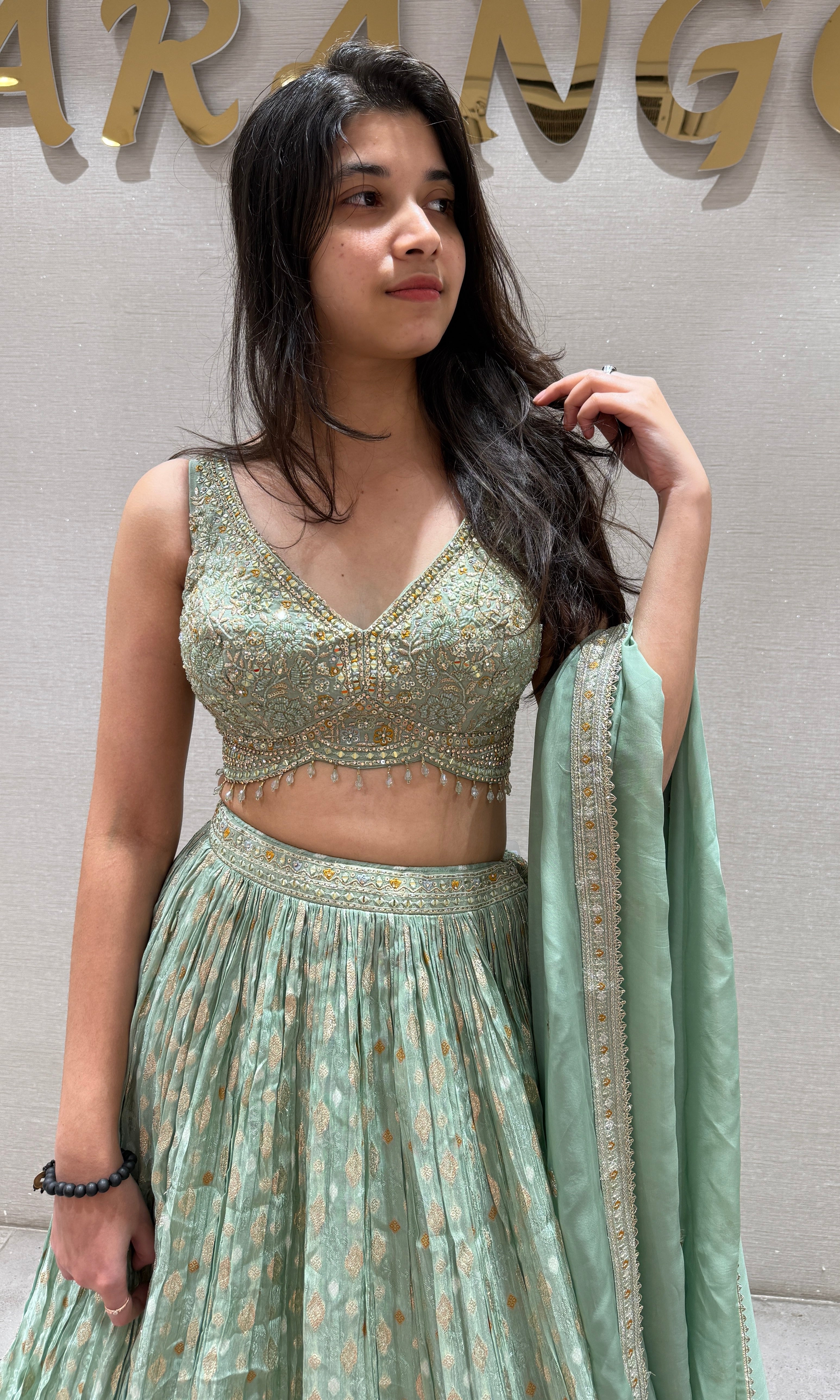 Pista Green Gold Woven Lehenga Ensemble