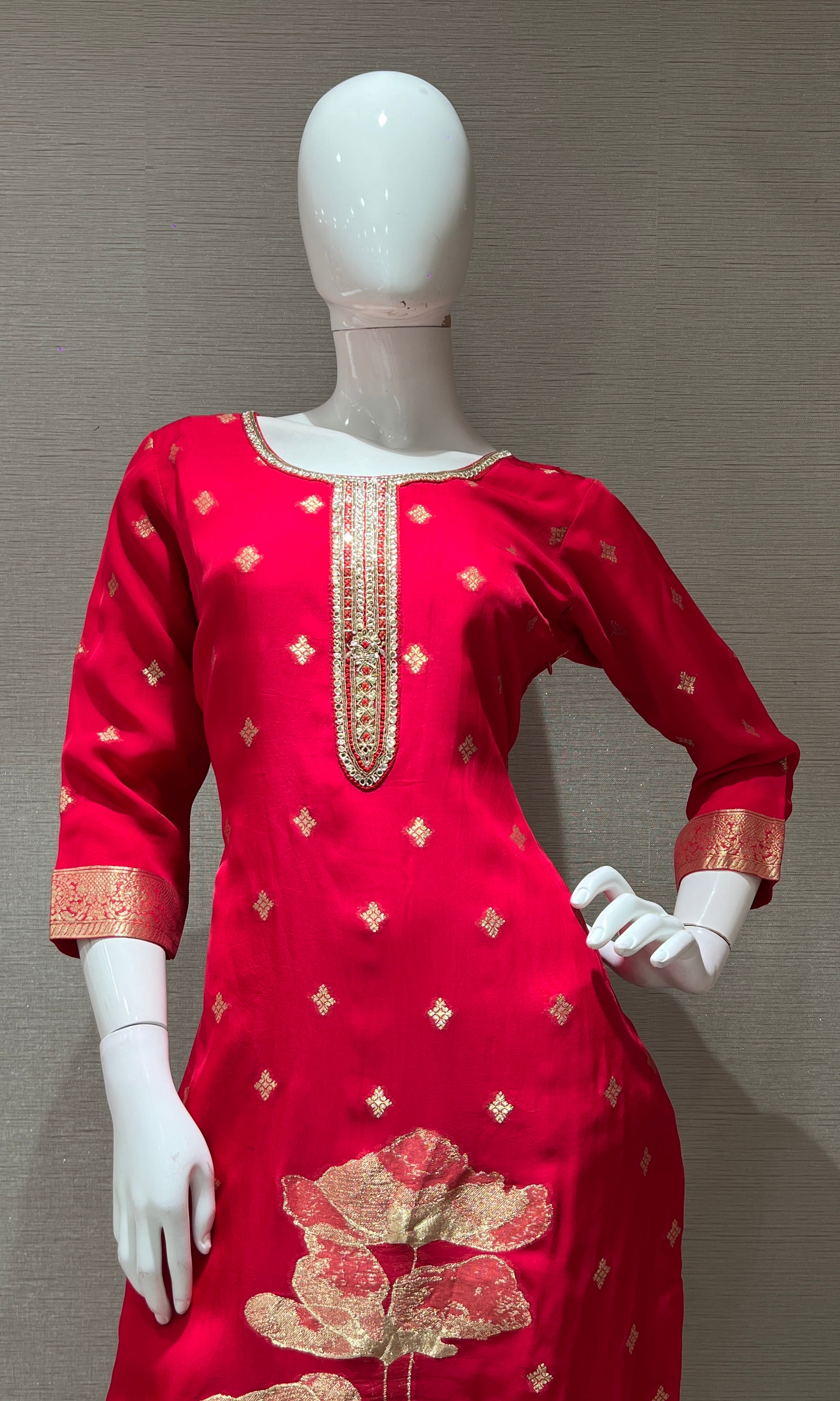 Rani pink golden floral kurta set