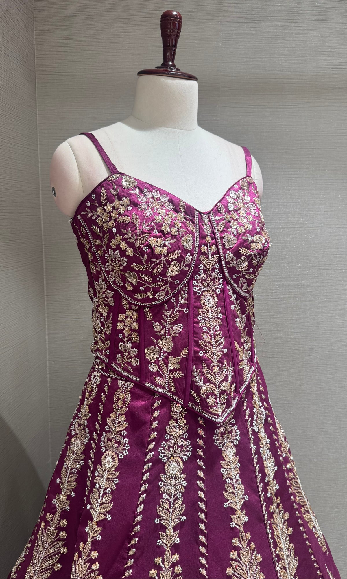 Wine silk embroidered corset blouse lehenga