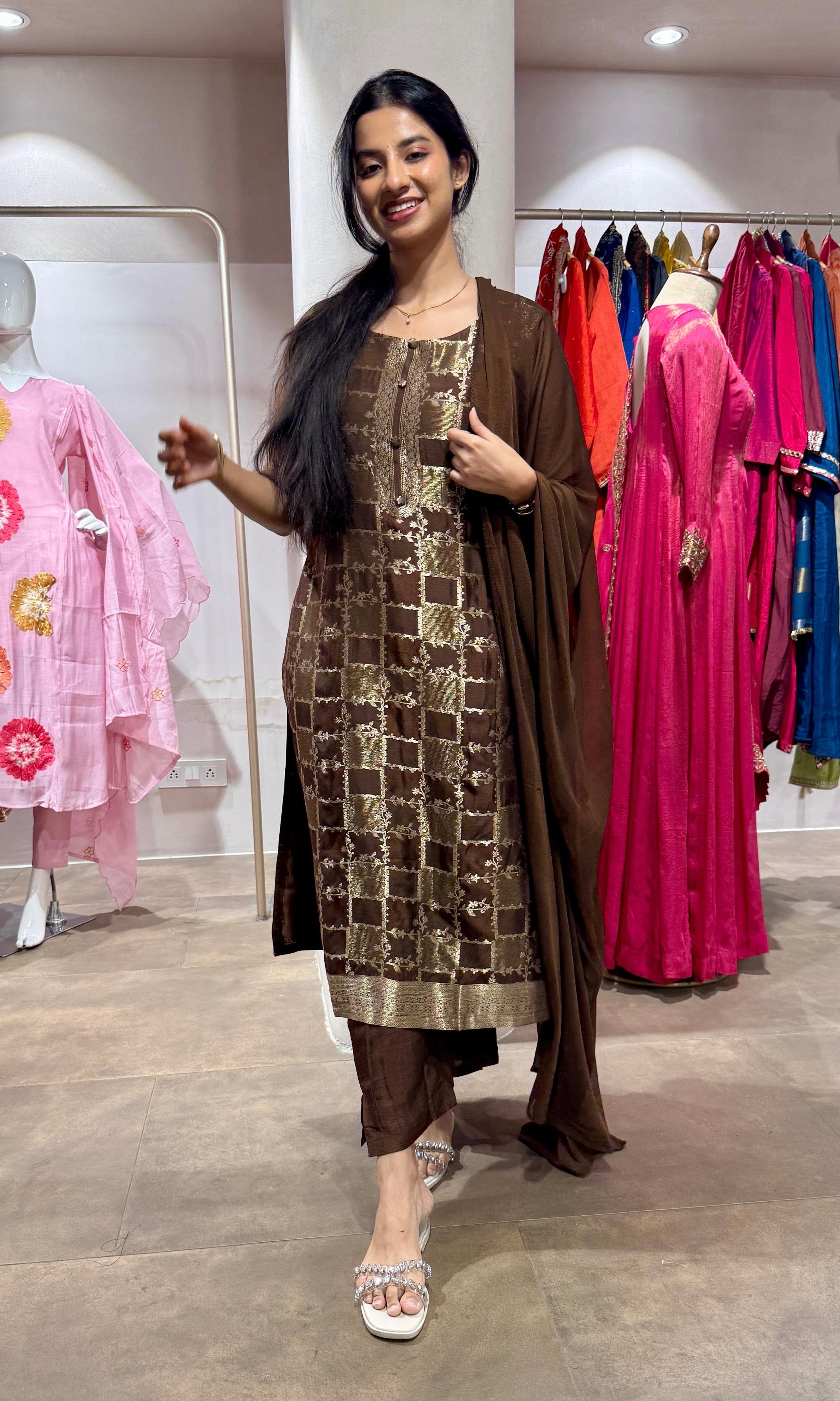 brown Silk Embroidered Zari Kurta Set