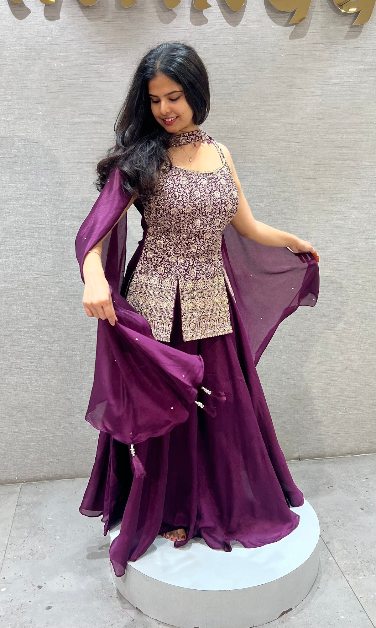 Wine silk Embellished Peplum Palazzo Set with dupatta