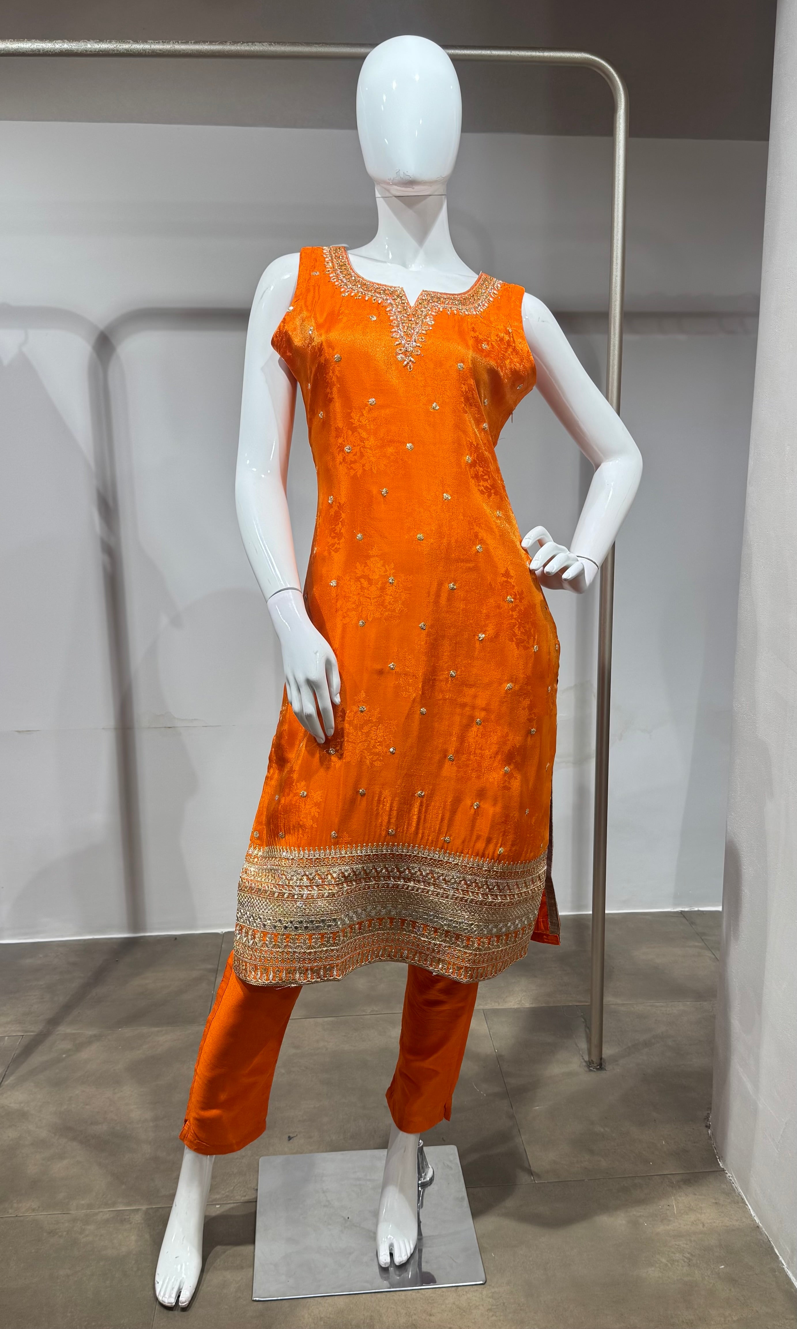 orange intricate gold embroidery Kurta set
