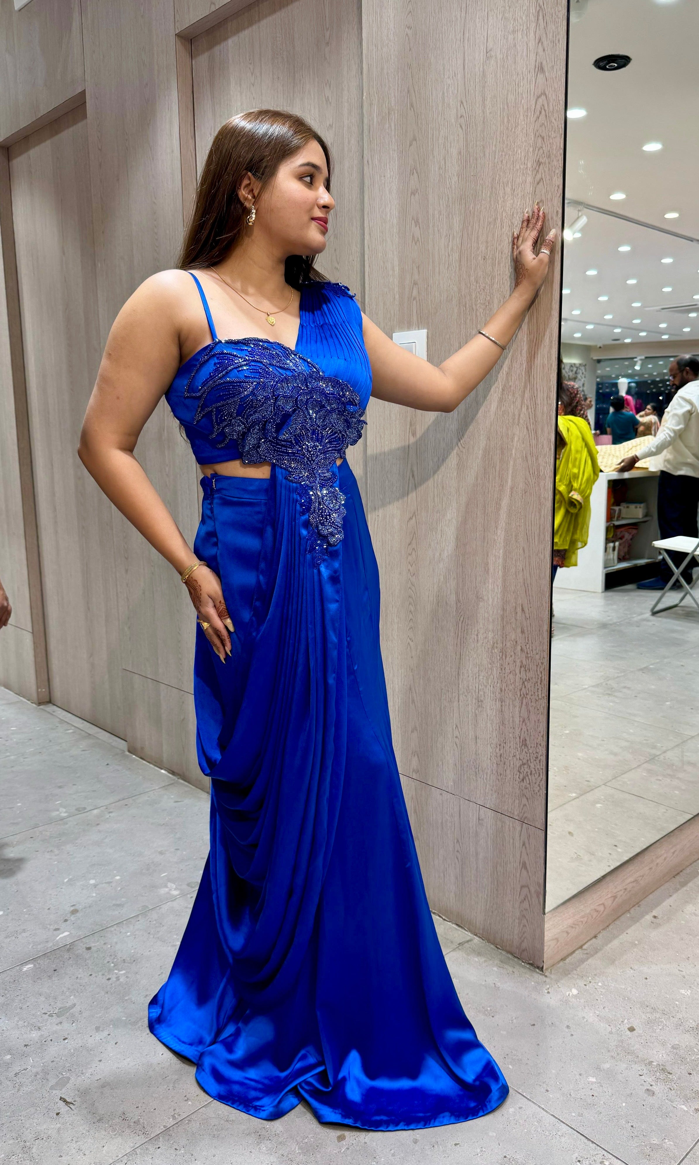 Blue Draped Saree with Corset Blouse