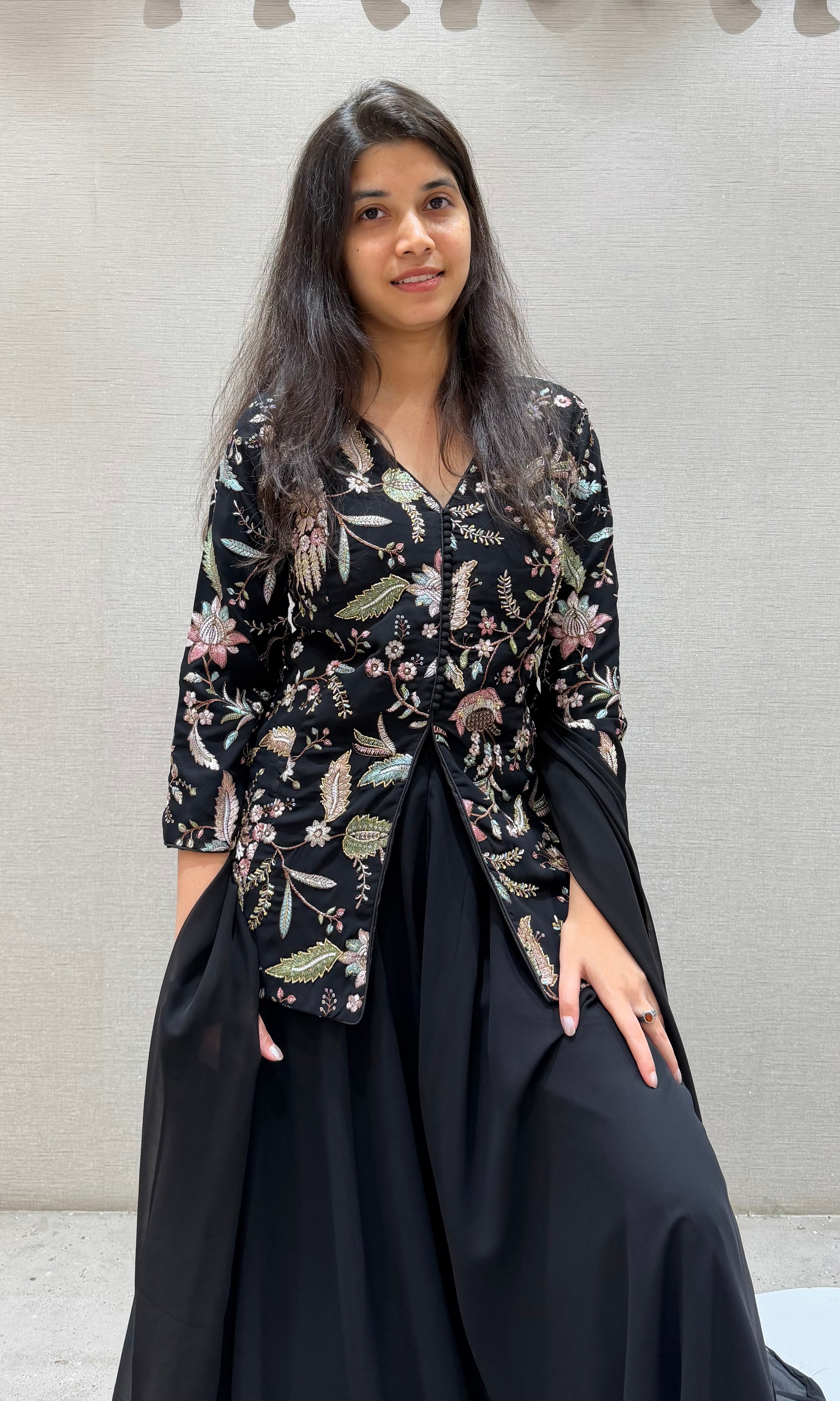 Black FRONT SLIT PEPLUM SHARARA SET