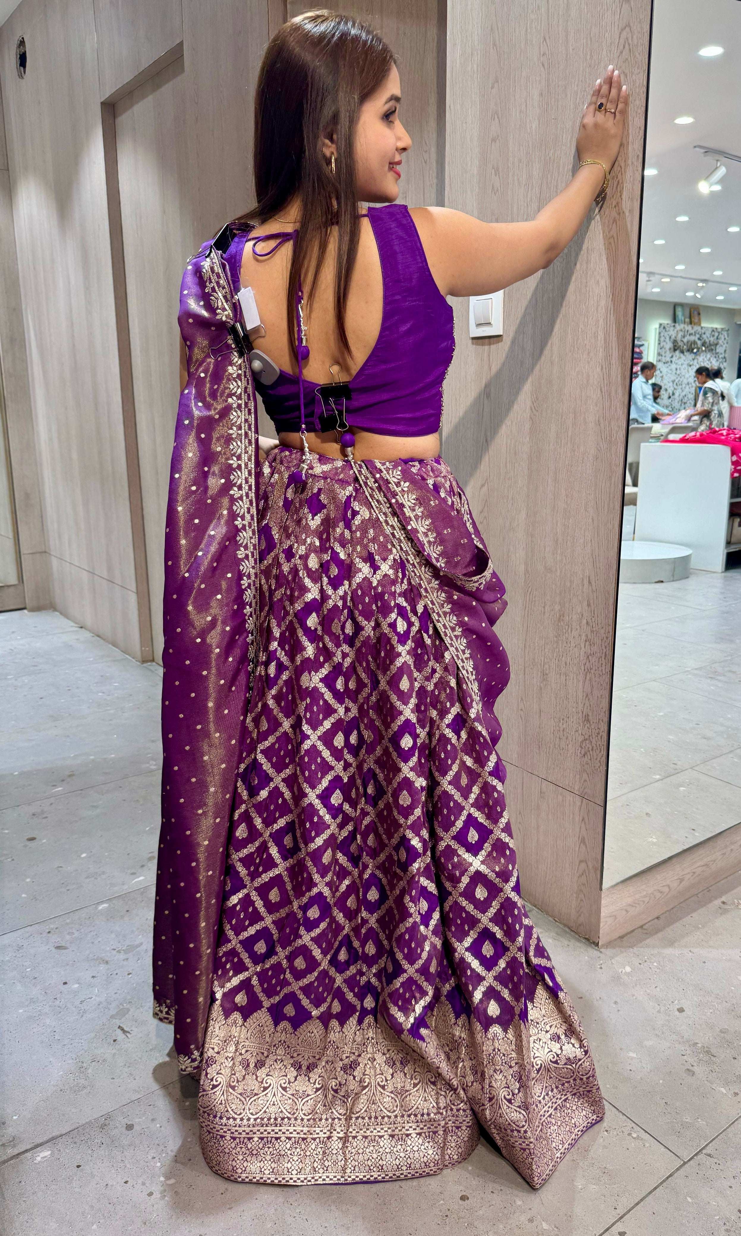 Purple shimmer Banarasi croptop Lehenga
