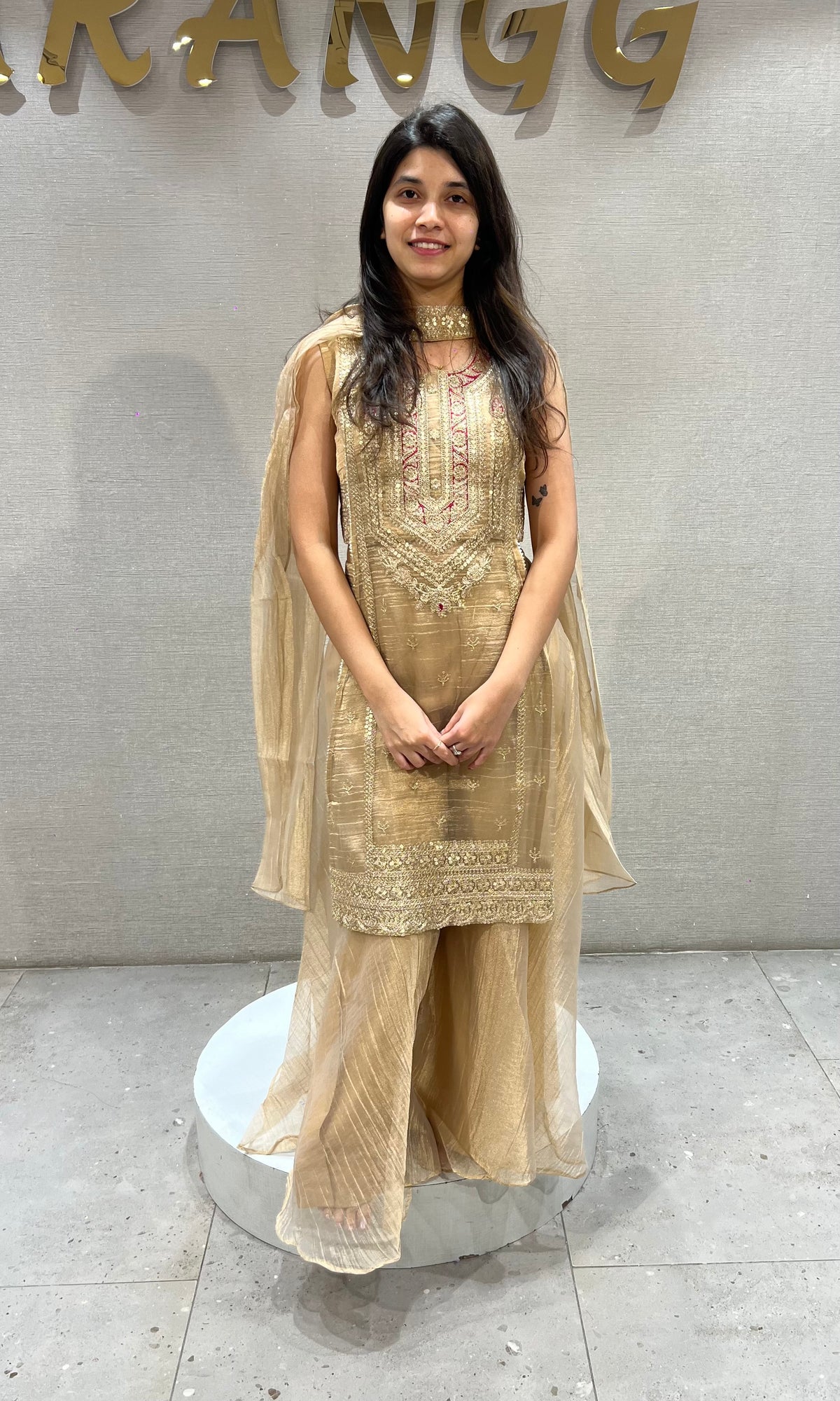 Beige tissue Embroidered Palazzo Set with Net Dupatta