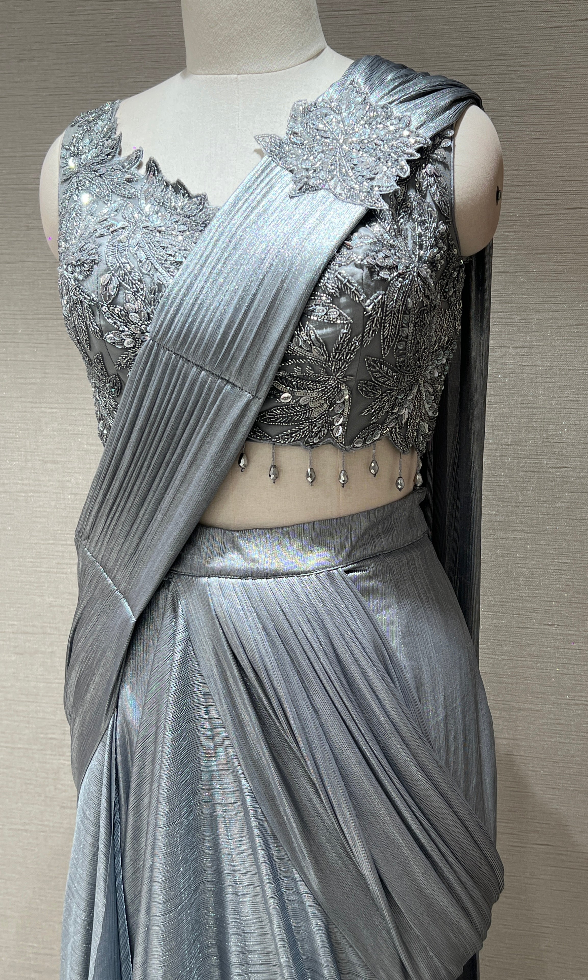 Grey drape saree with corset blouse
