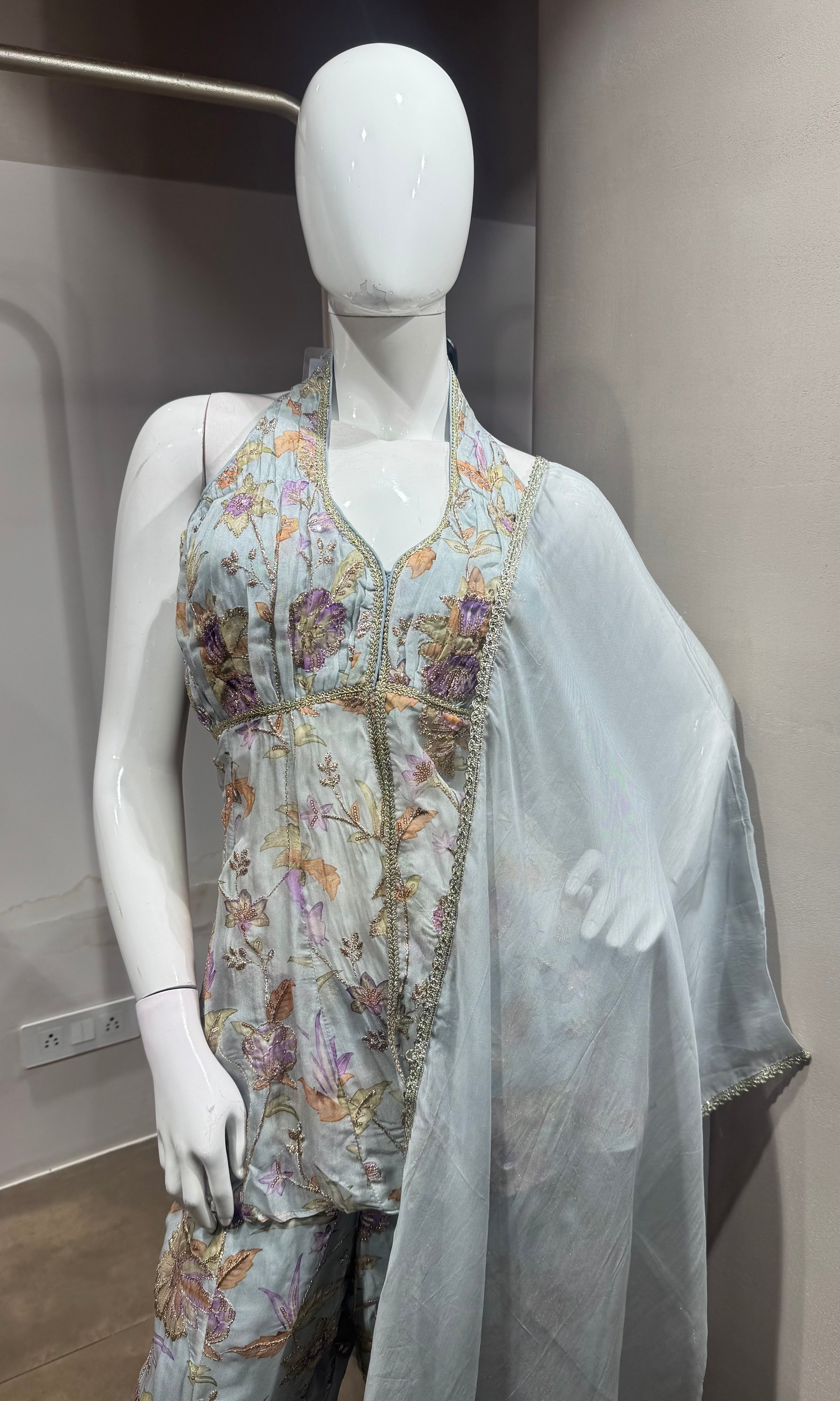 Grey Floral Halter Peplum palazzo Set