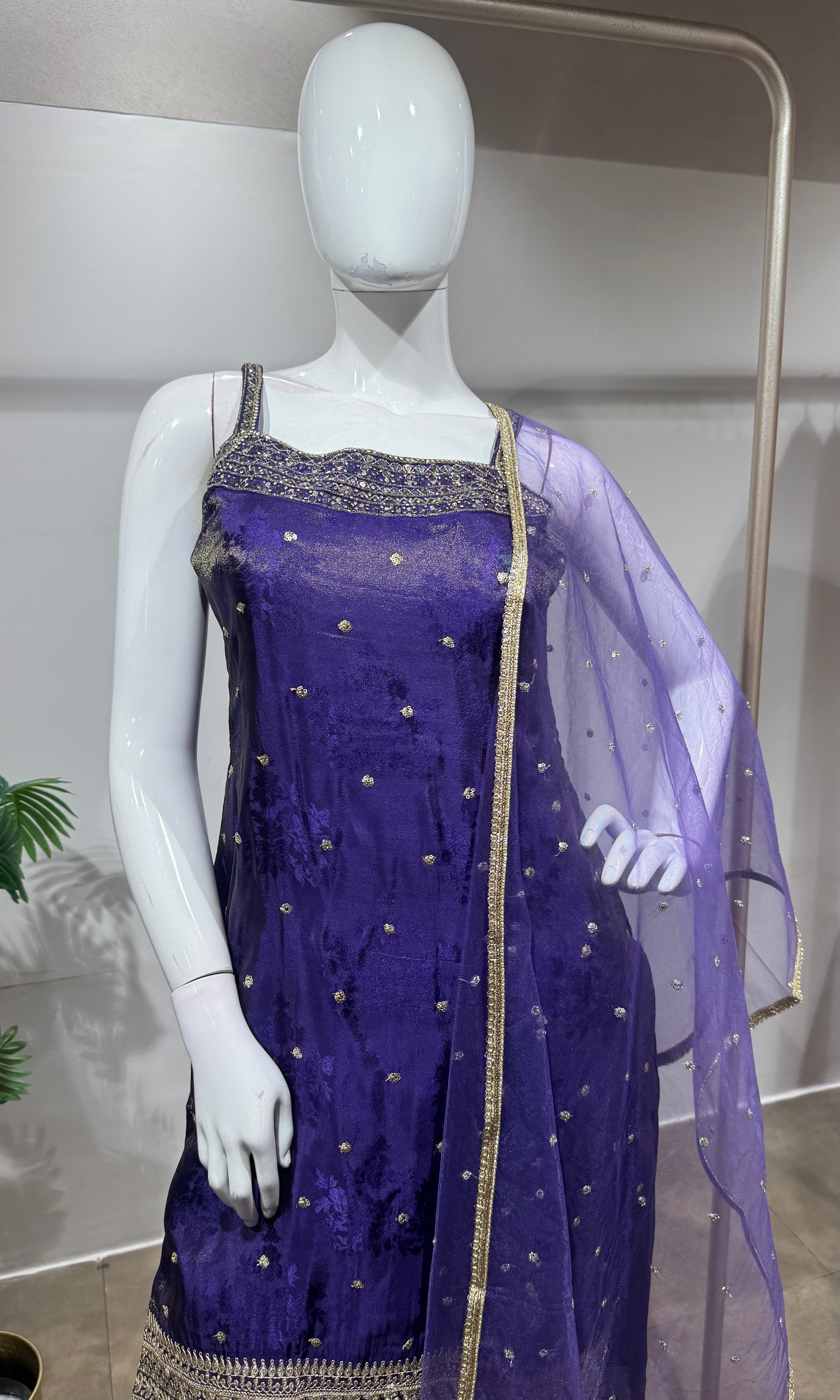 Purple silk embroidered kurta set