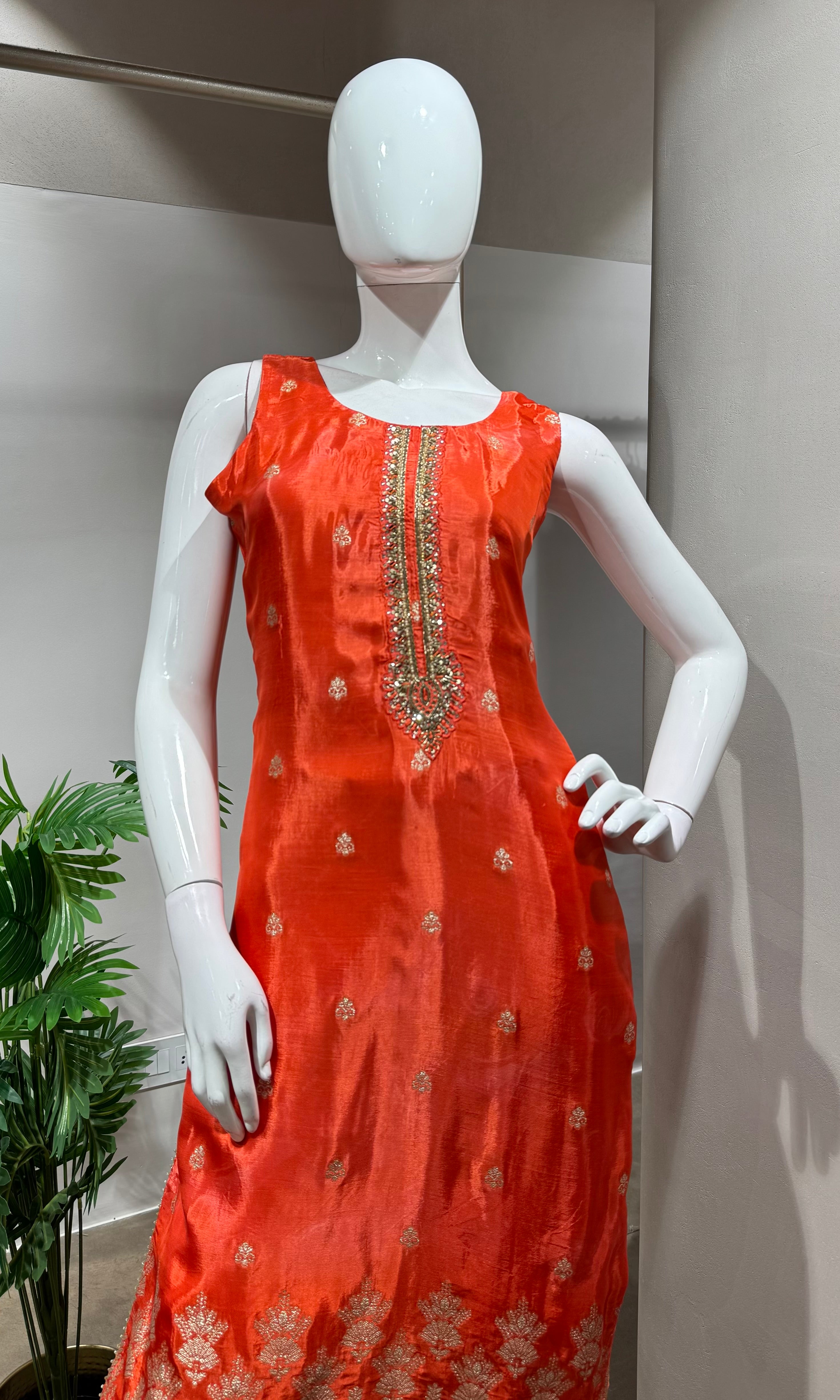 Orange Silk Embroidered Kurta Set