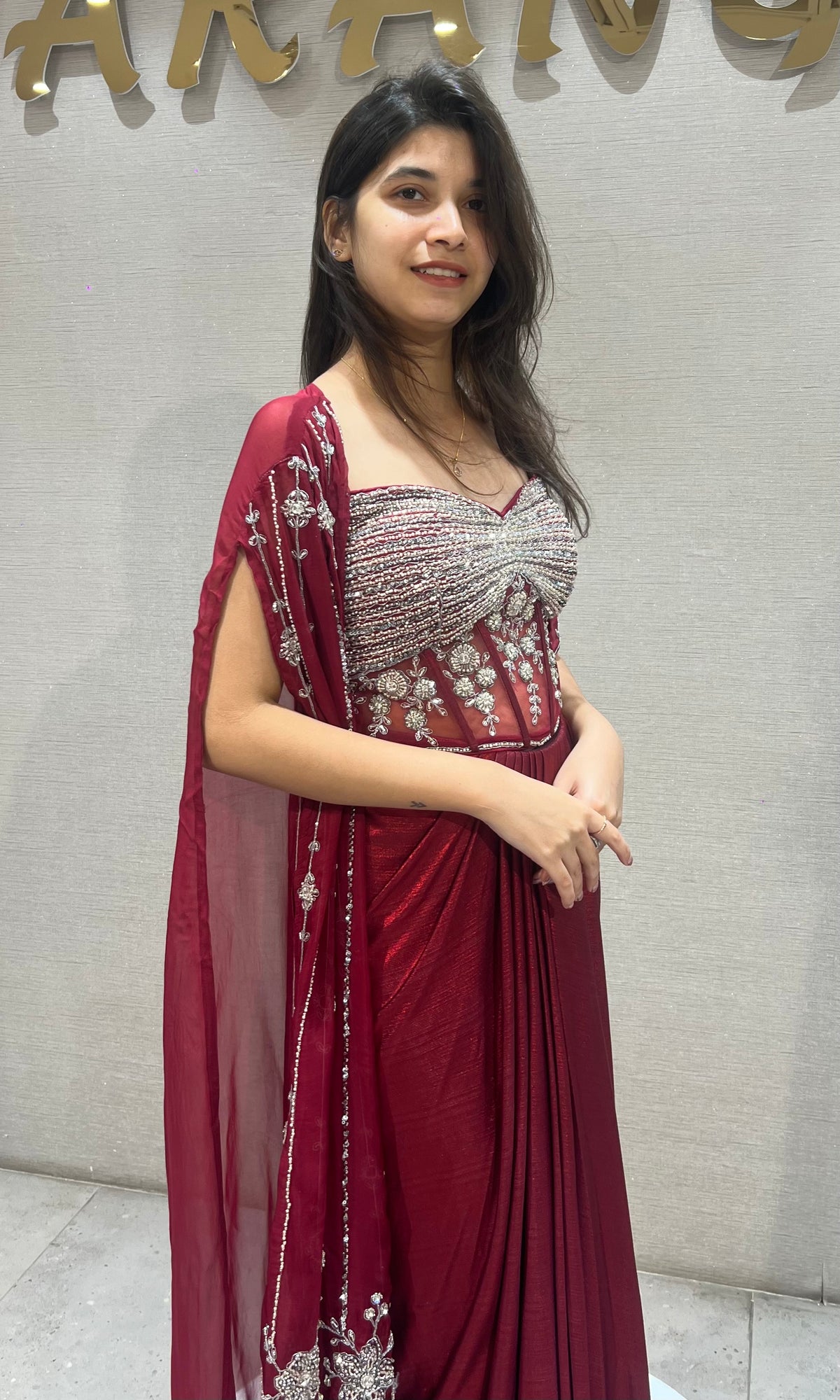 Maroon Deep Embroidered Cape Skirt