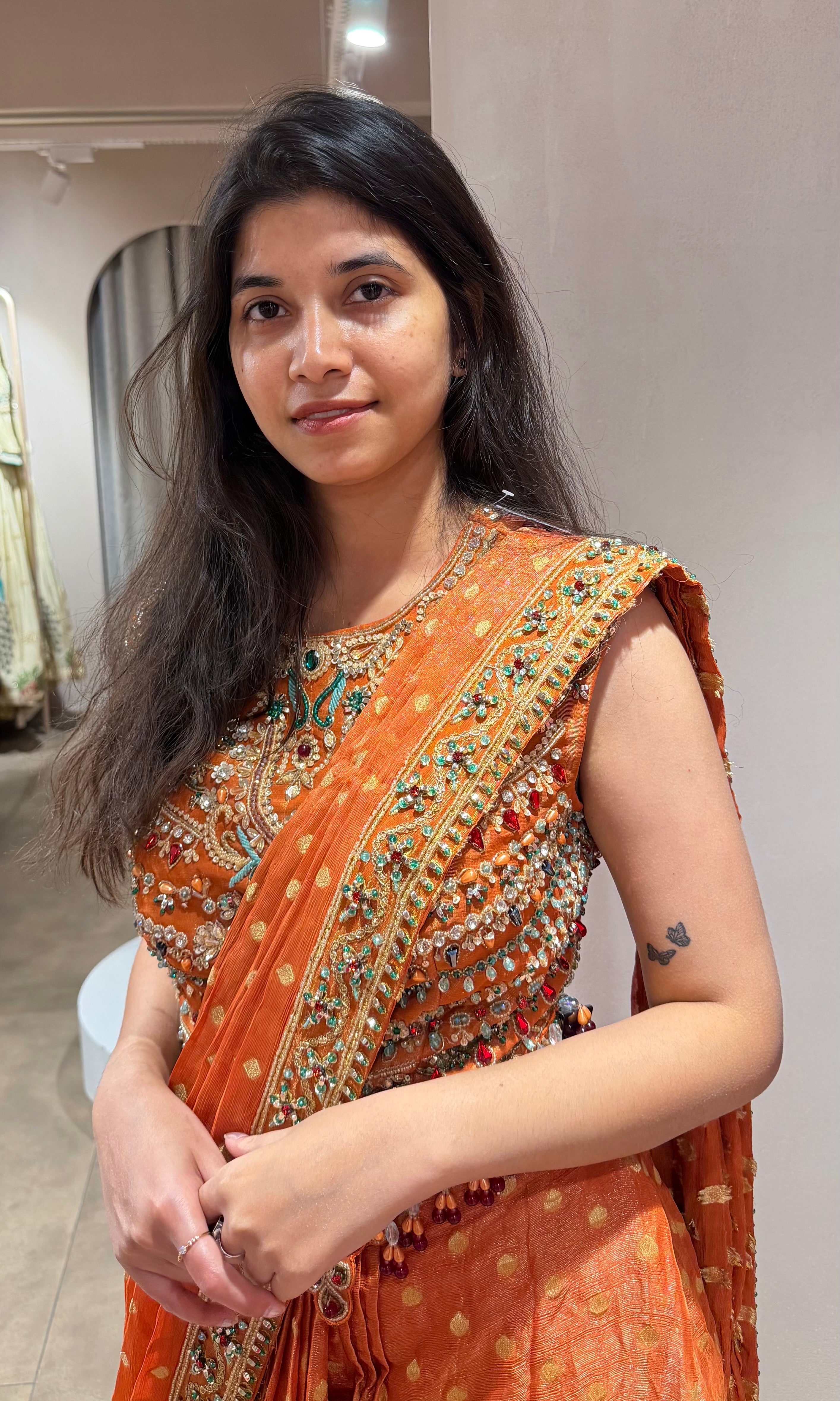 Orange INTRICATE EMBROIDERED drape saree