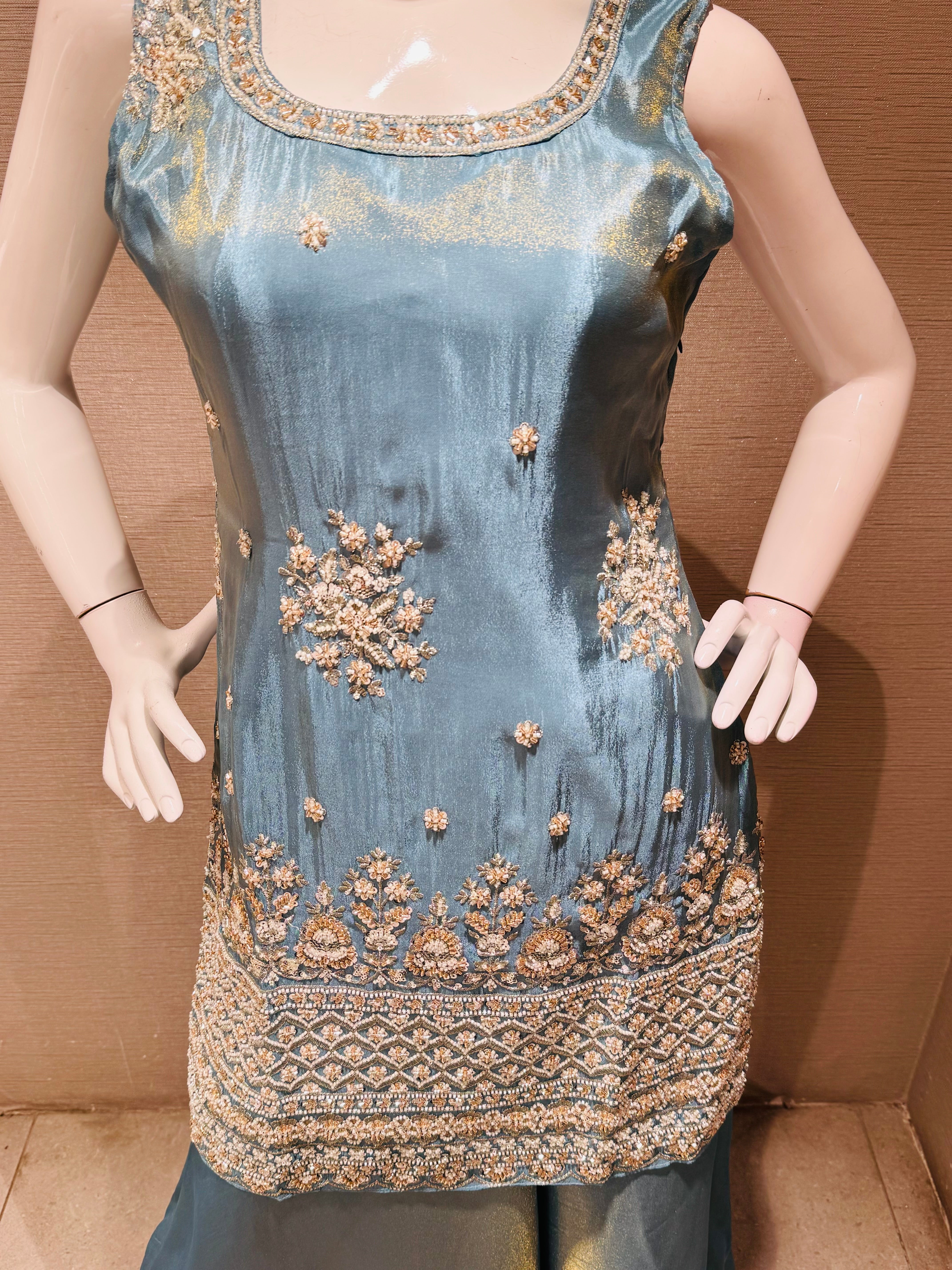 Blue shimmer tissue embroidered sharara set