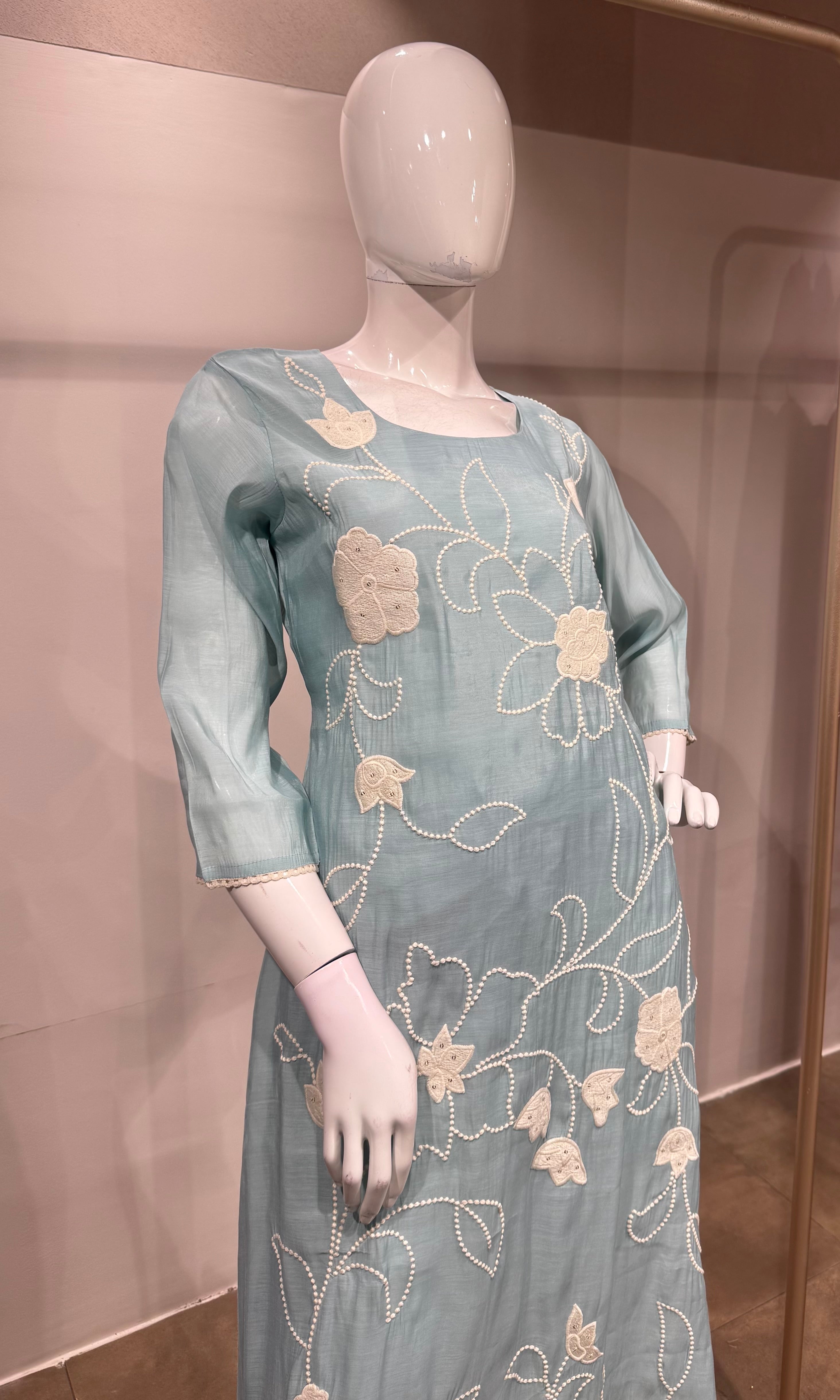 Sky Blue Embroidered Straight Kurta with Dupatta