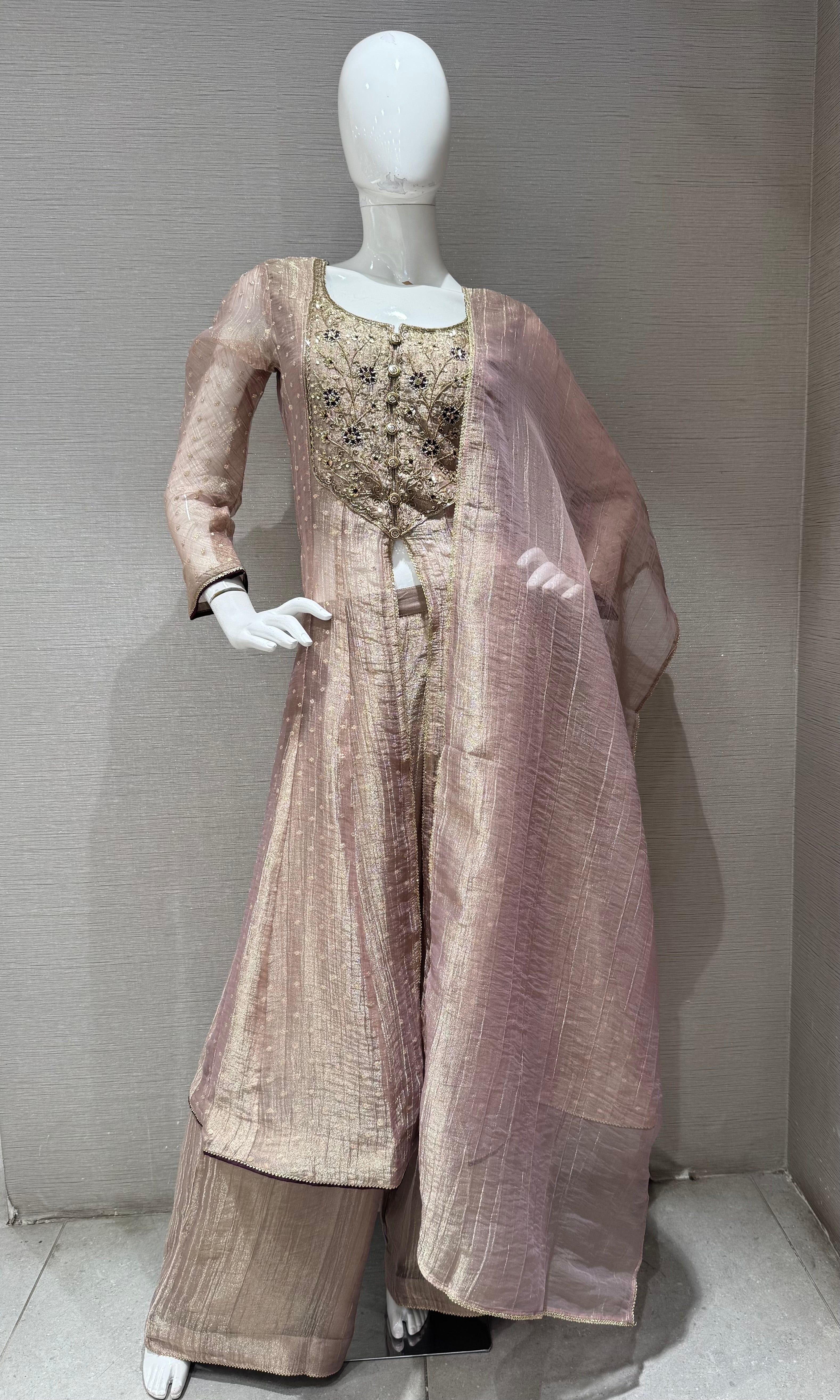 Greyish taupe tissue front slit anarkali with palazzo pants