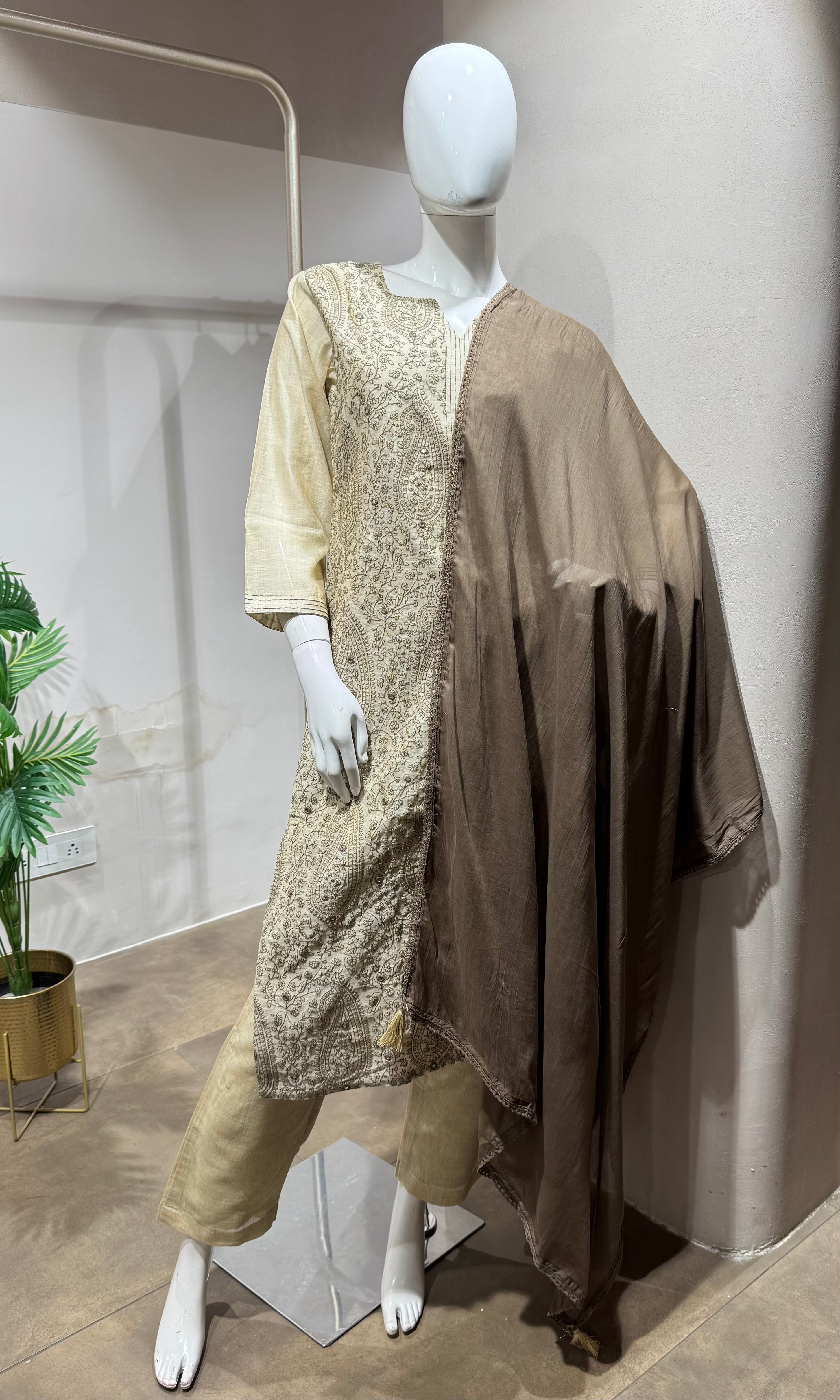 Beige Embroidered Kurta Set with Contrasting Dupatta