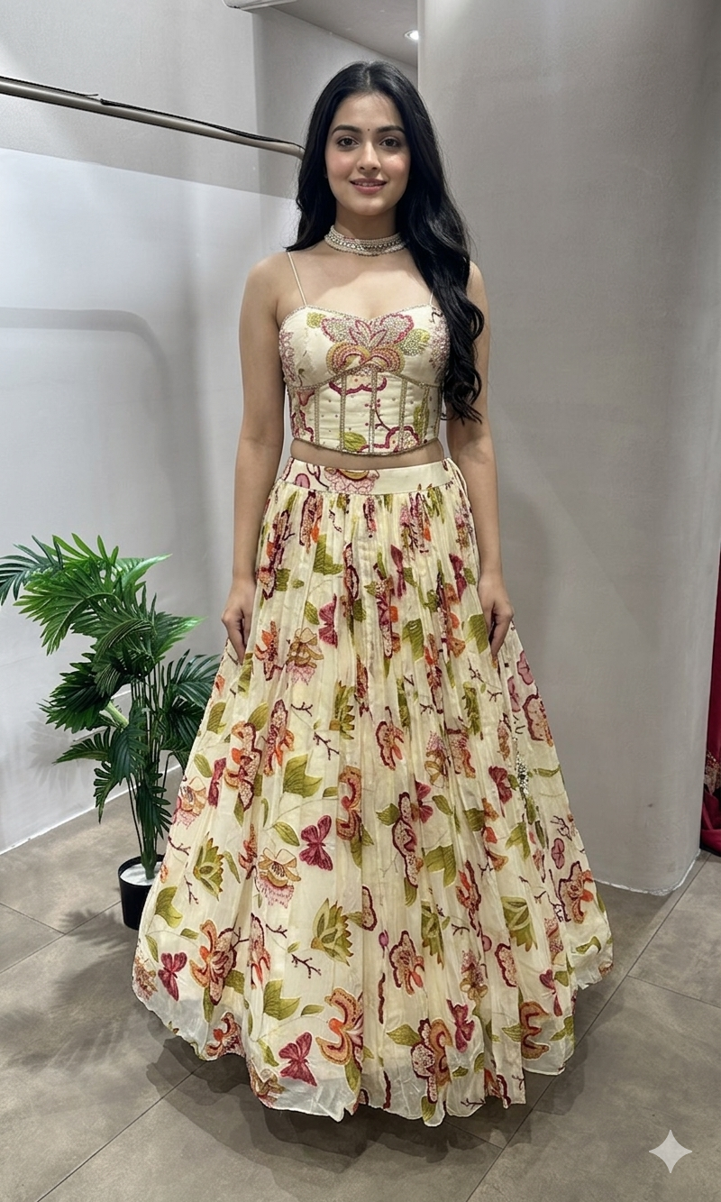 Ivory FLORAL lehenga WITH CORSET BLOUSE