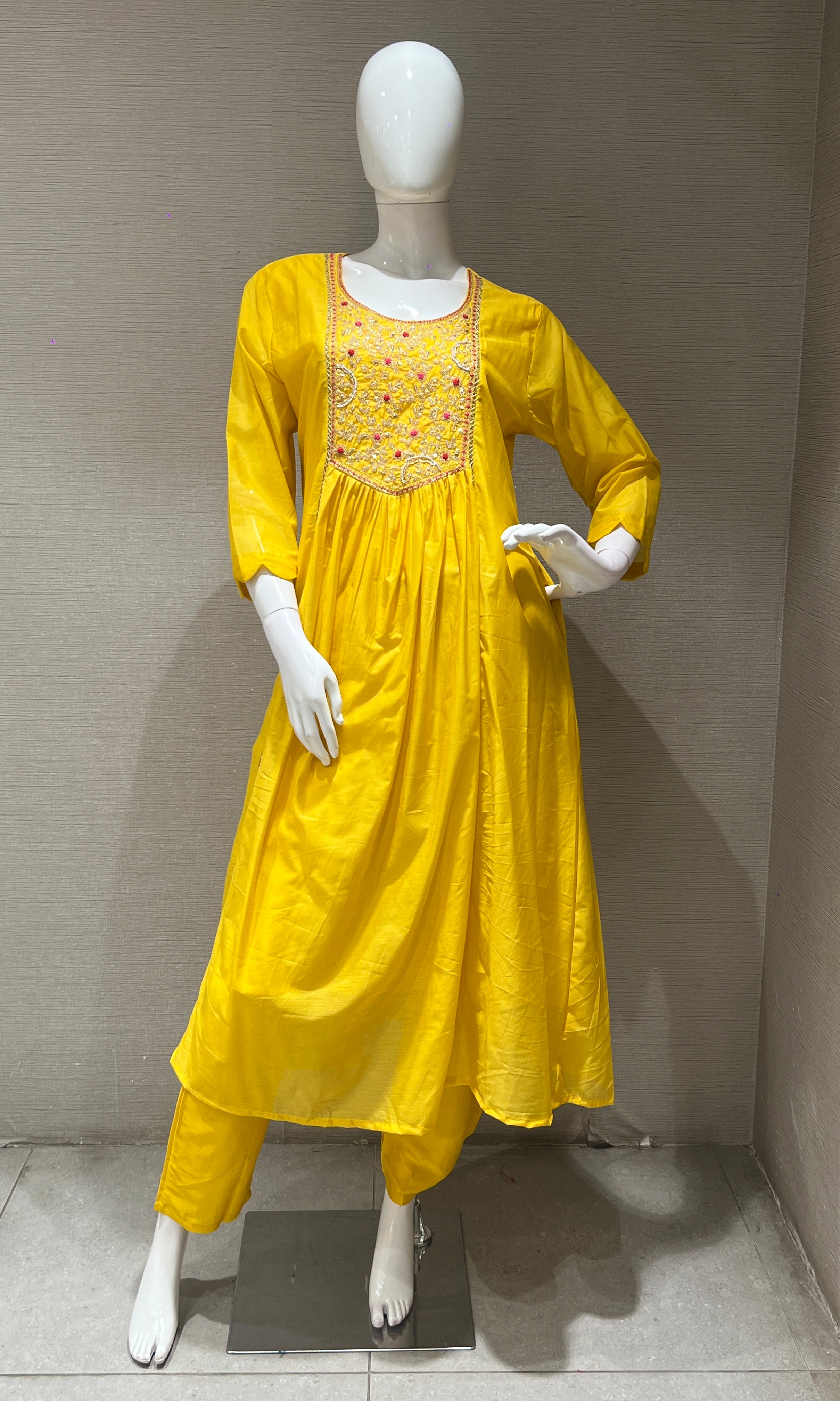 Yellow MUL CHANDERI ANARKALI KURTA SET