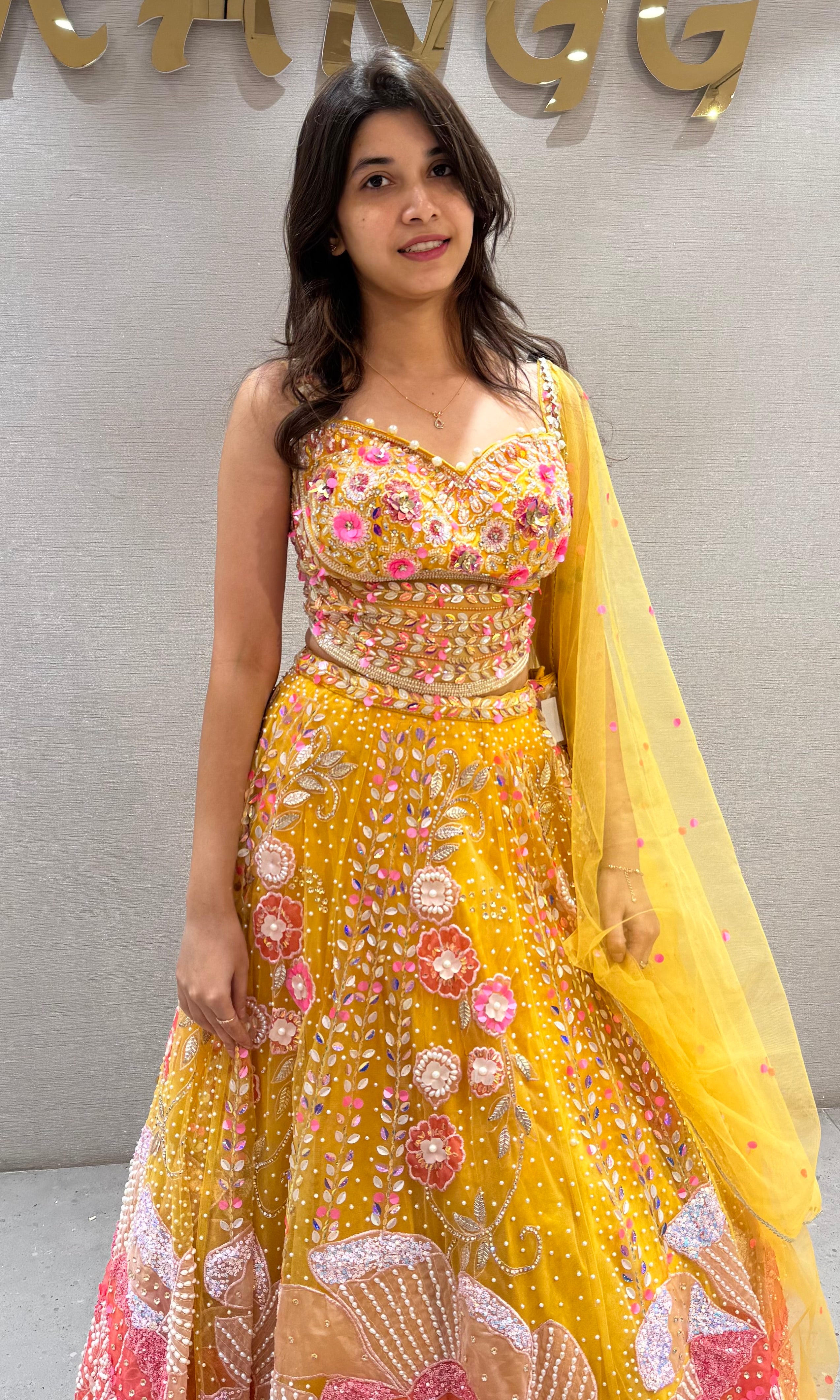 Lemon Yellow Organza Printed Lehenga set