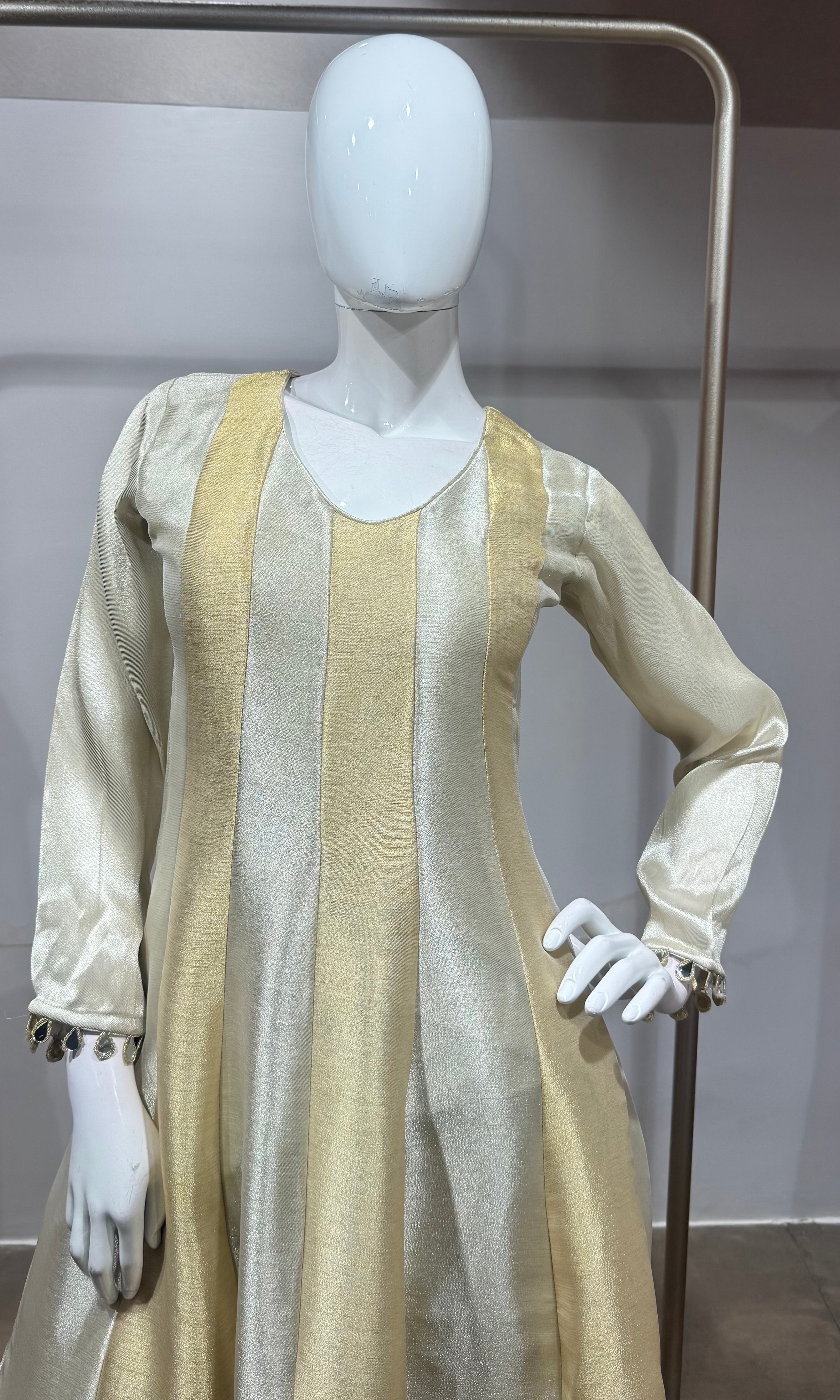 Cream golden tissue anarkali set