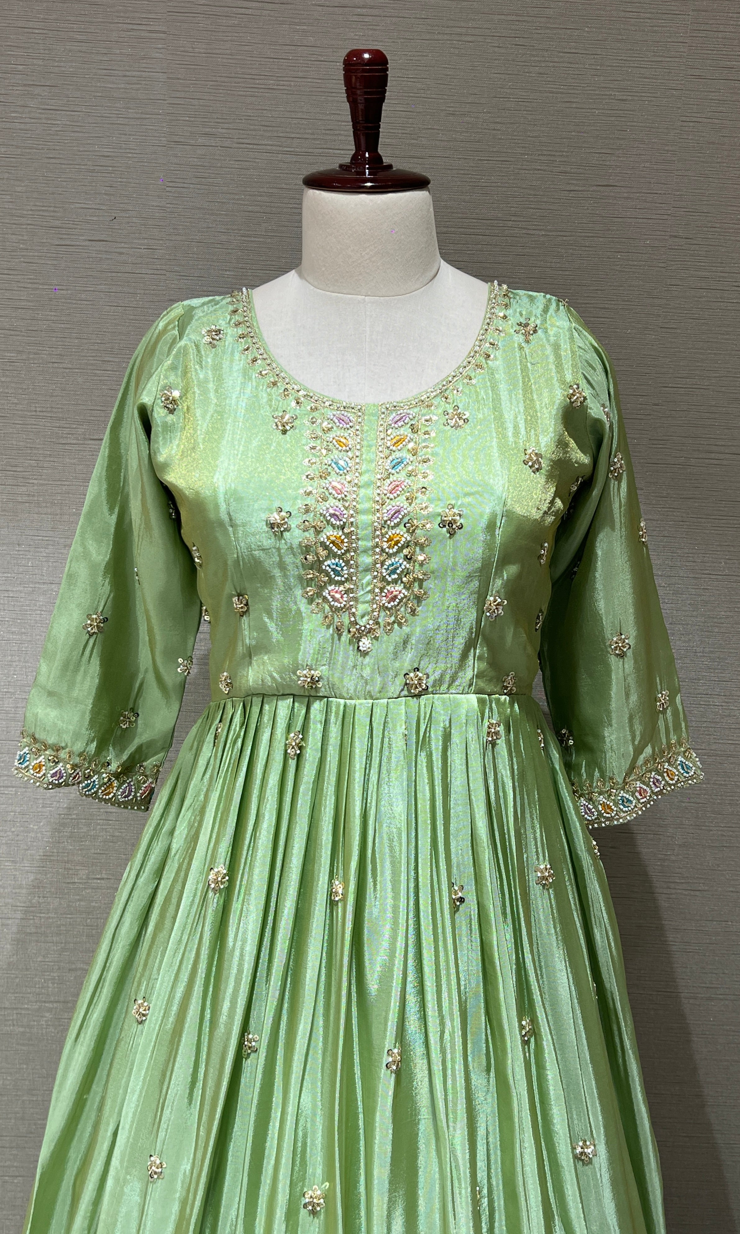 Light Green Embroidered Anarkali Long Gown with Dupatta