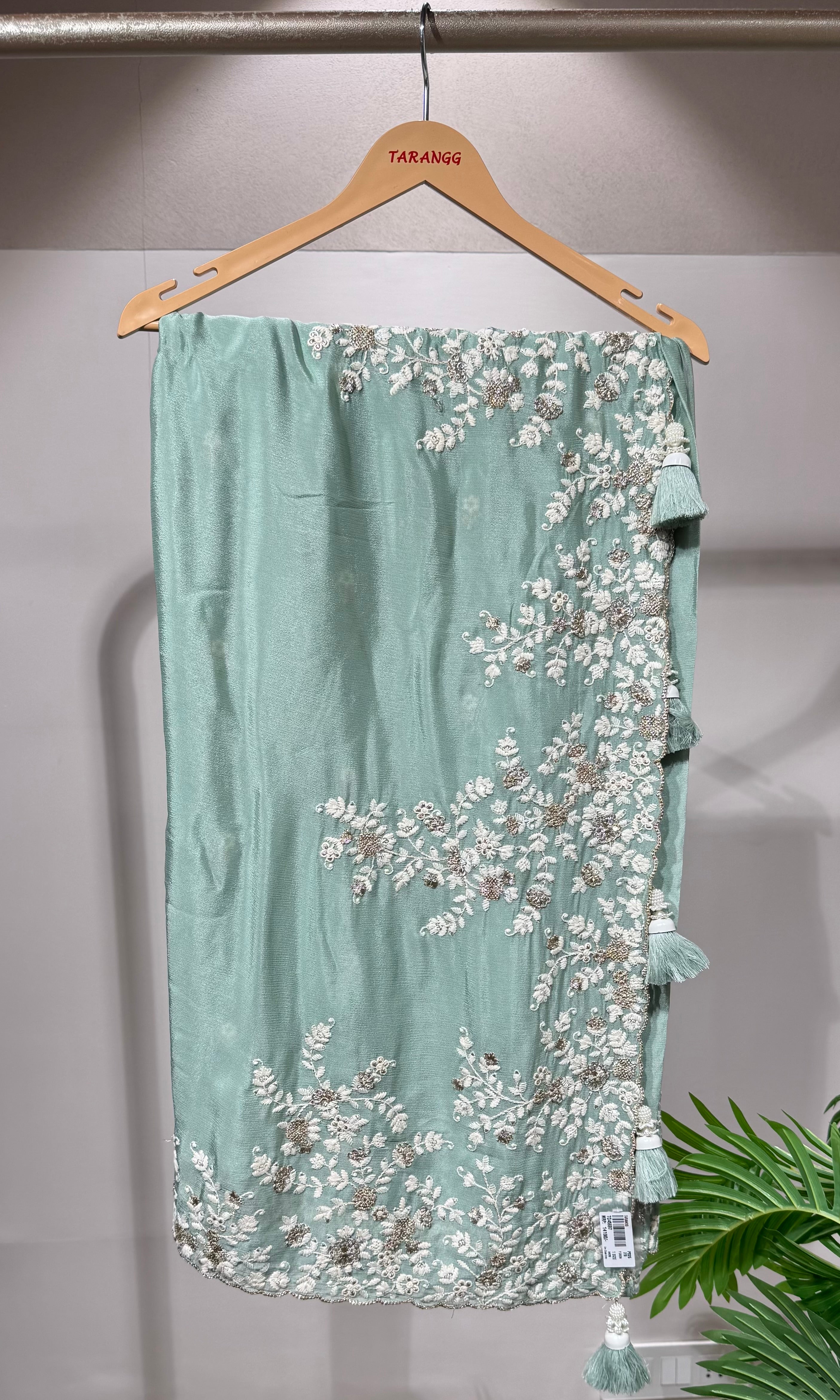 Pista green Floral Embroidered SAREE