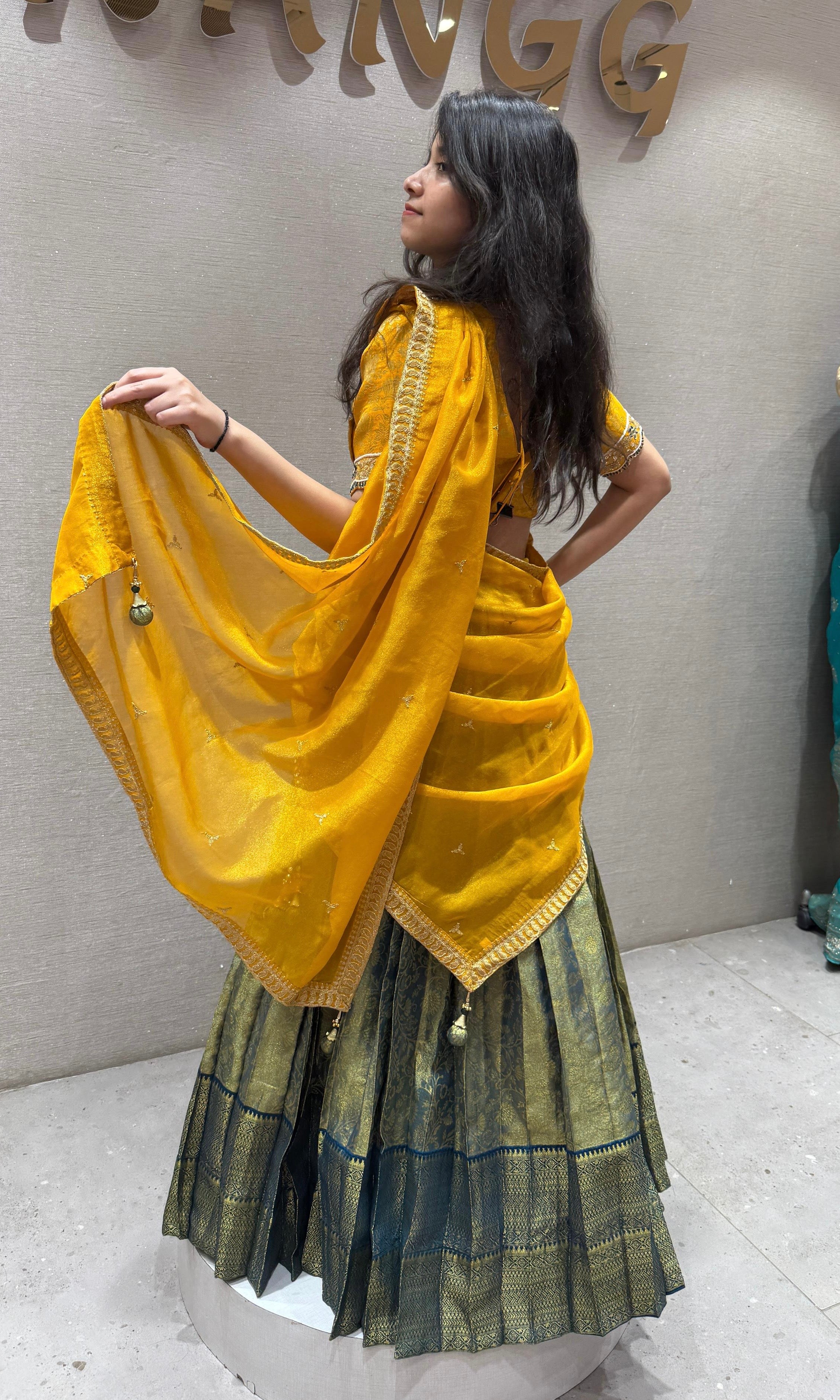 Green yellow silk pattu Lehenga