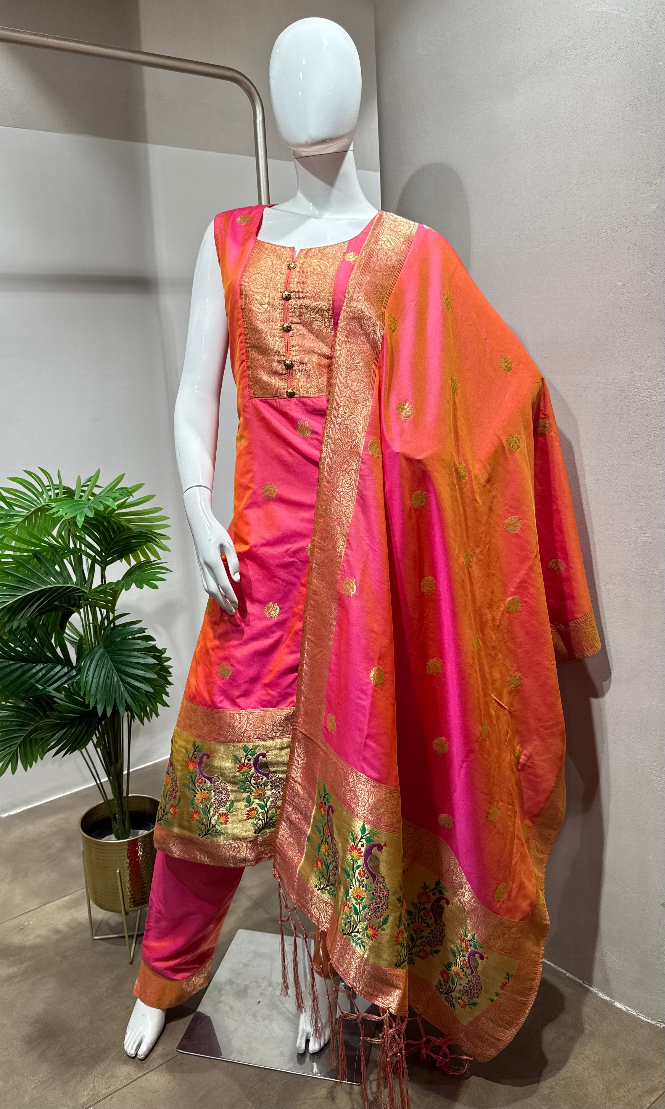 Pink Banarasi Silk Kurta with Paithani Dupatta
