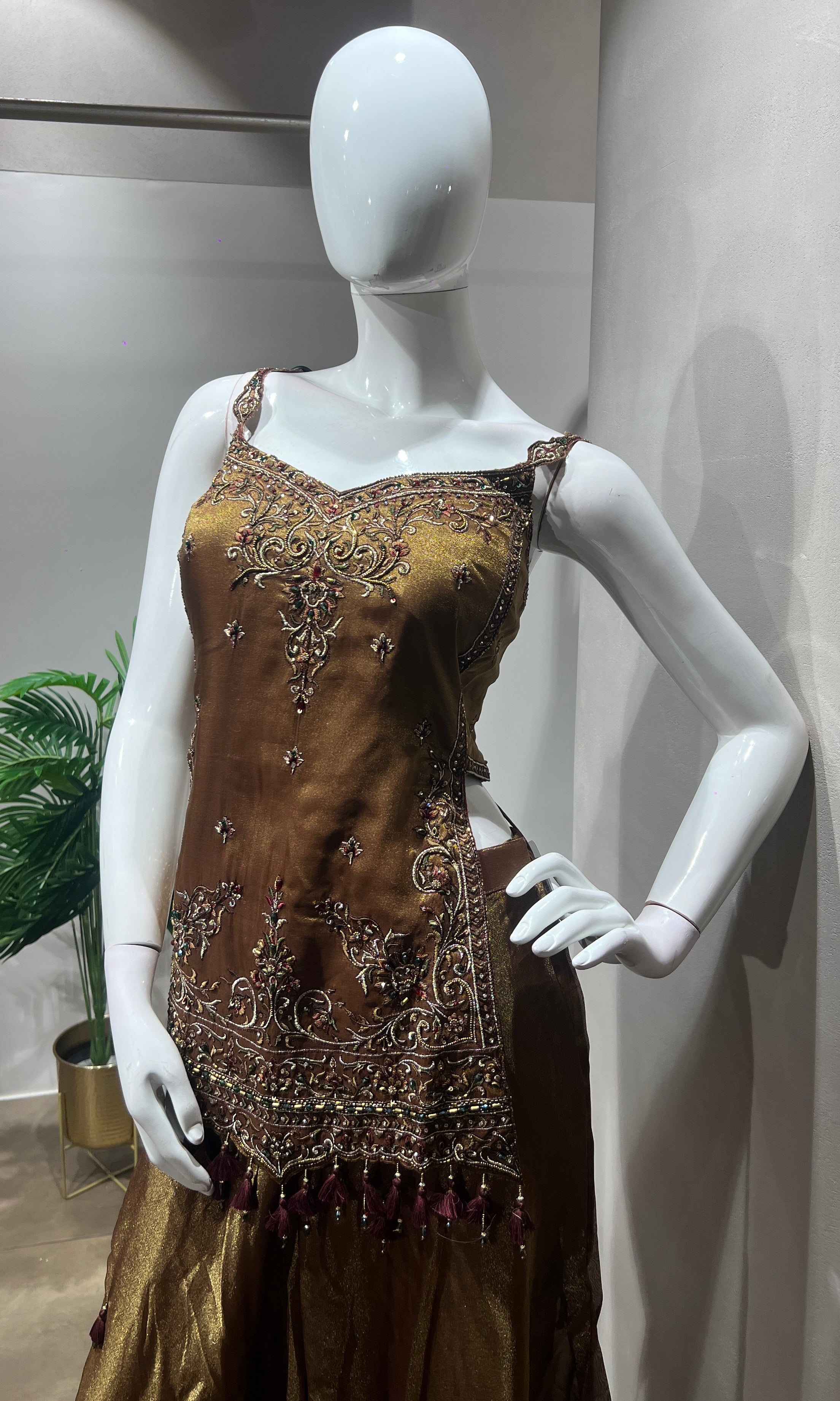 Brown Gold Shimmer Tissue A-Line Anarkali