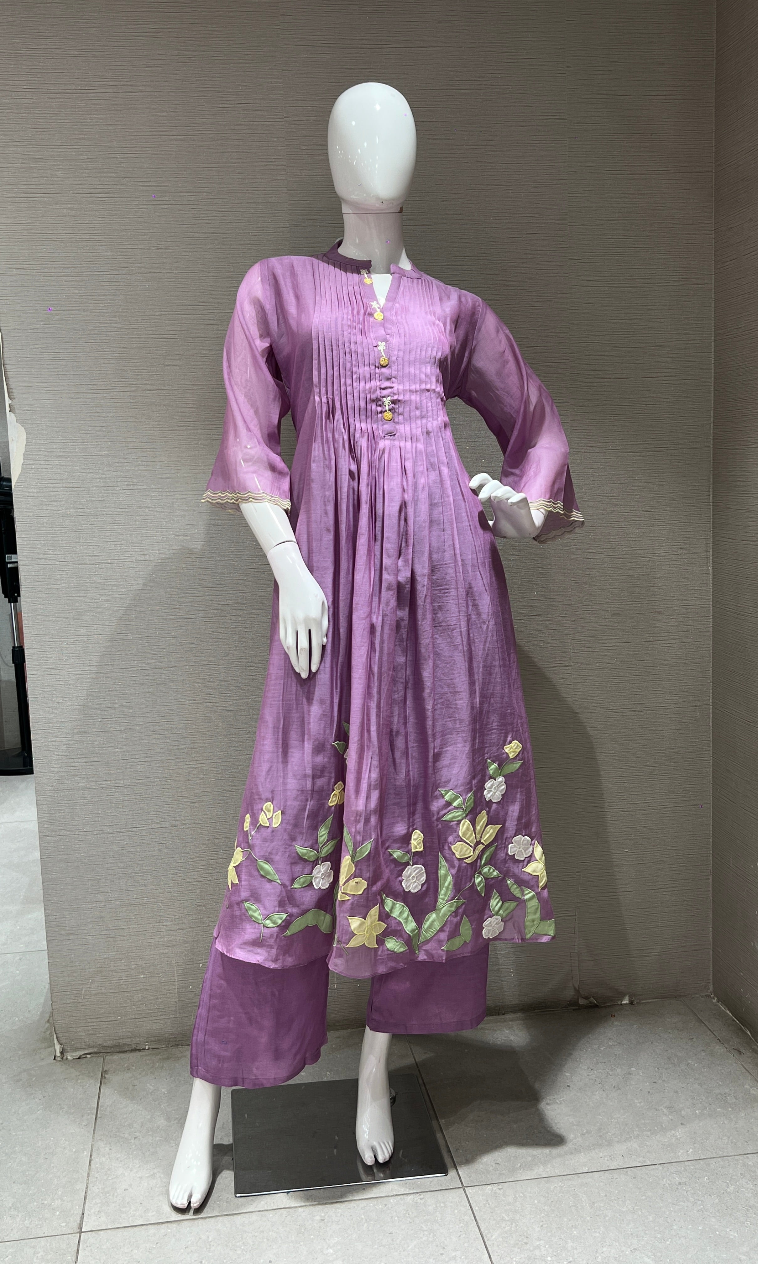 Purple FLORAL MUL CHANDERI KURTA SET