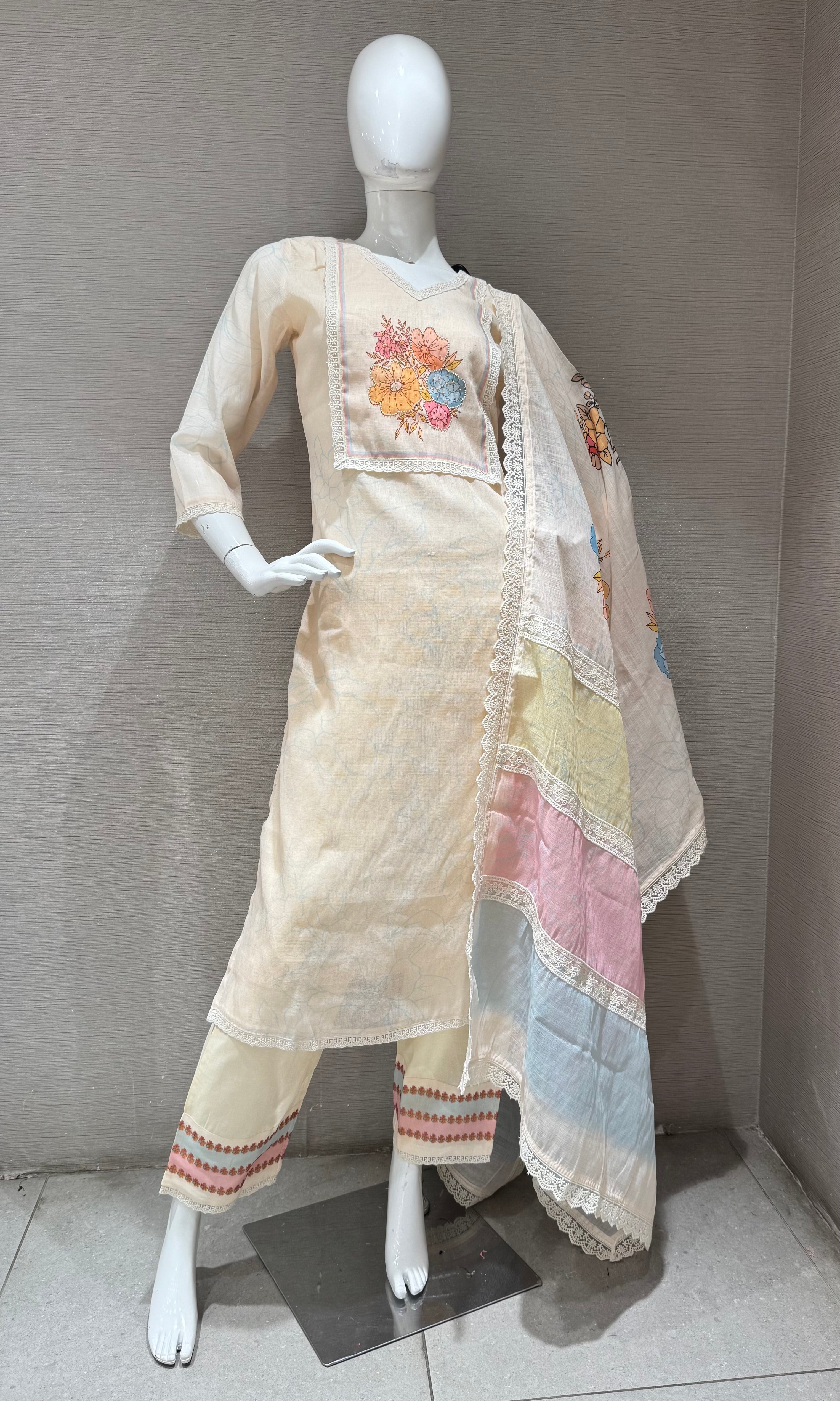 Peach Straight Kurta Set with Multicolor Pastel Panel dupatta