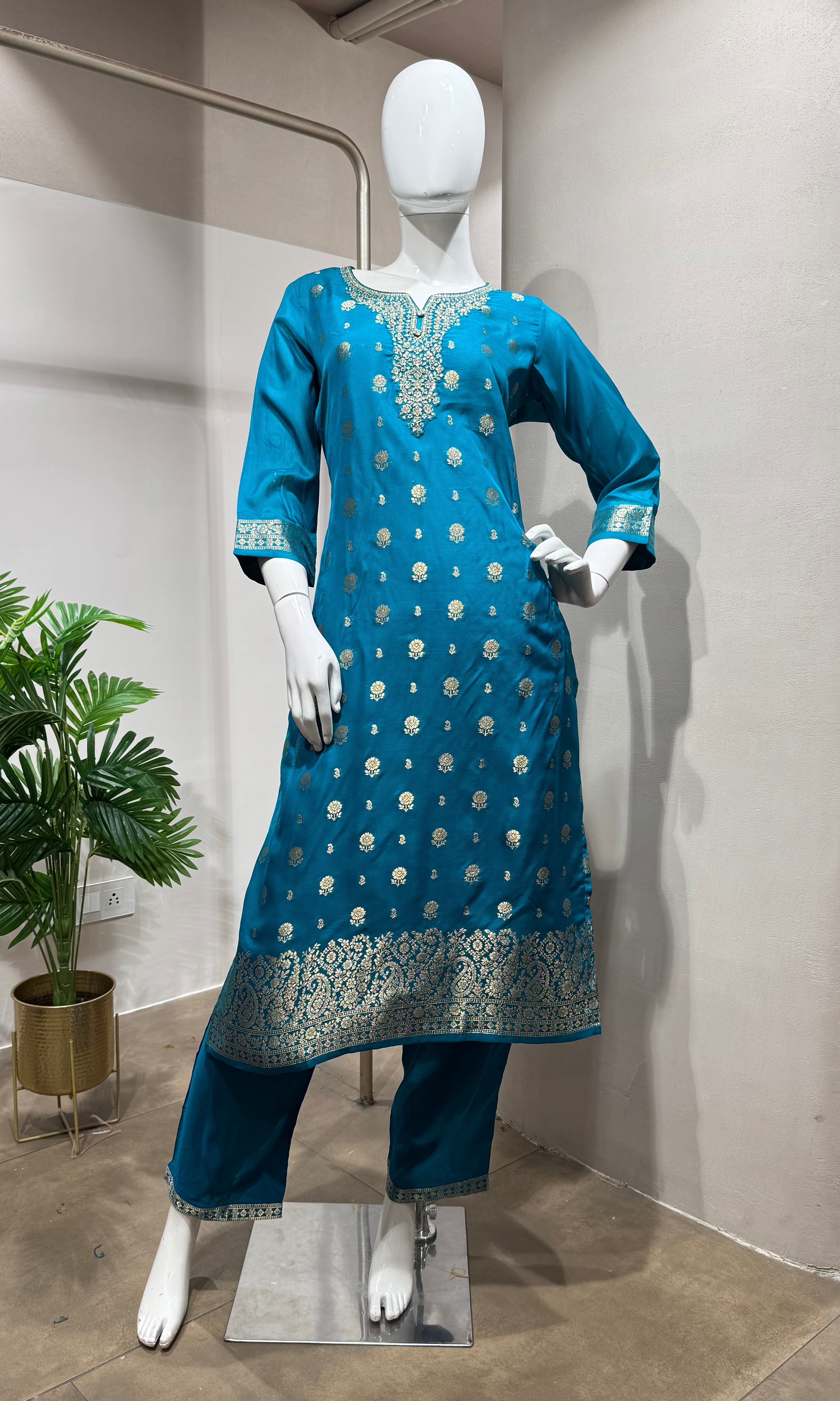 Rama blue silk kurta set with yellow dupatta