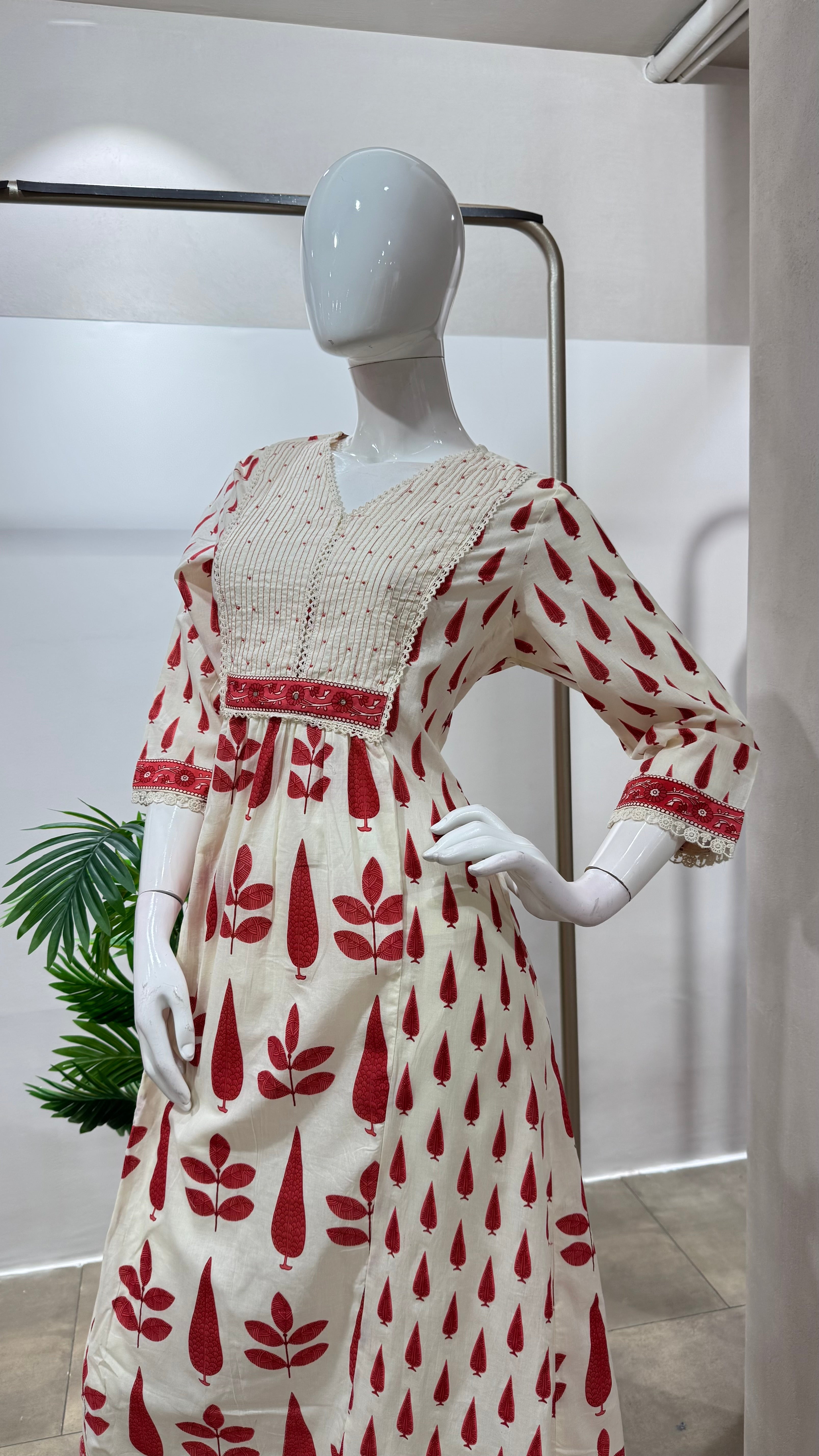 RED AND CREAM ETHNIC PRINTED ANARKALI SET