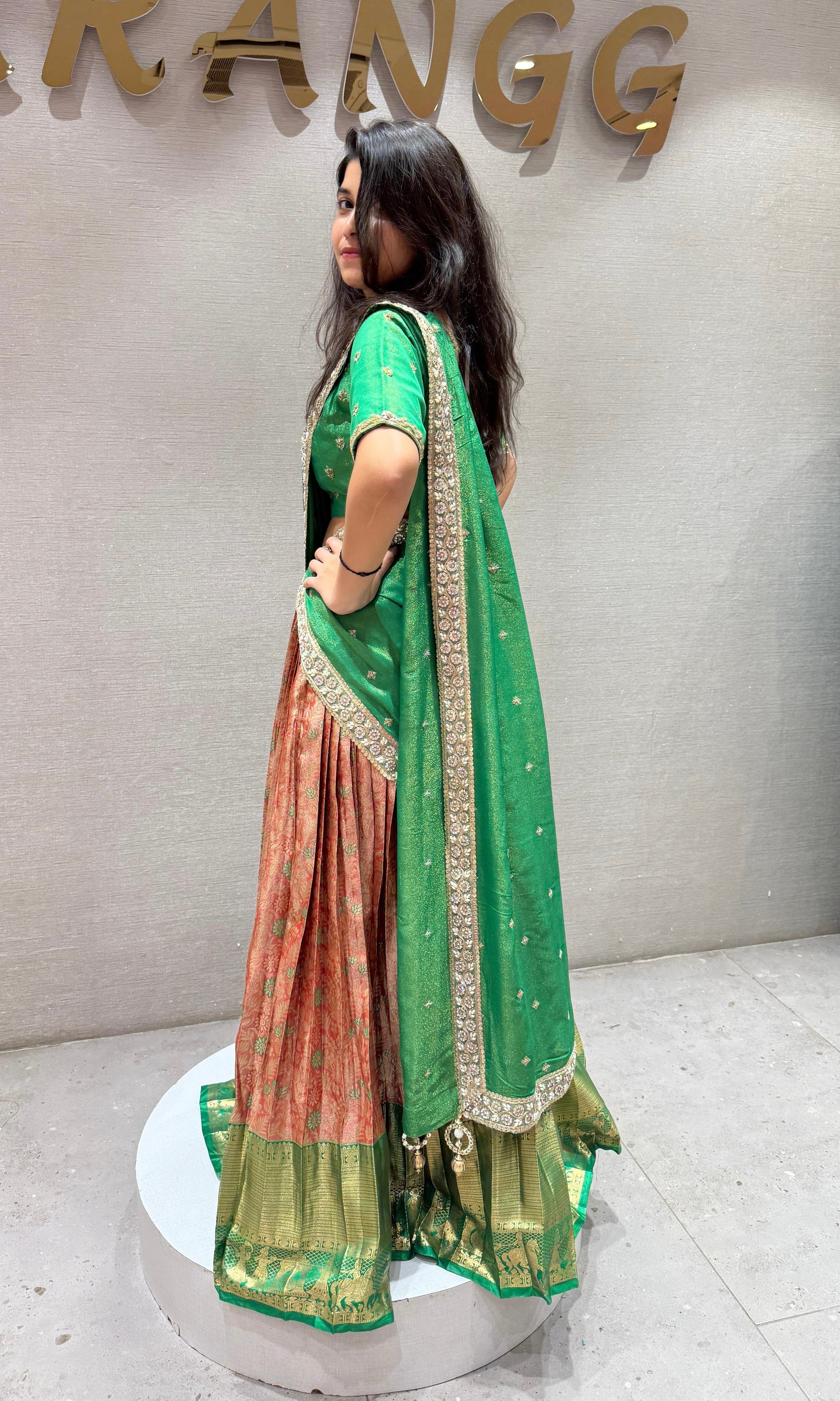Green orange silk pattu Lehenga