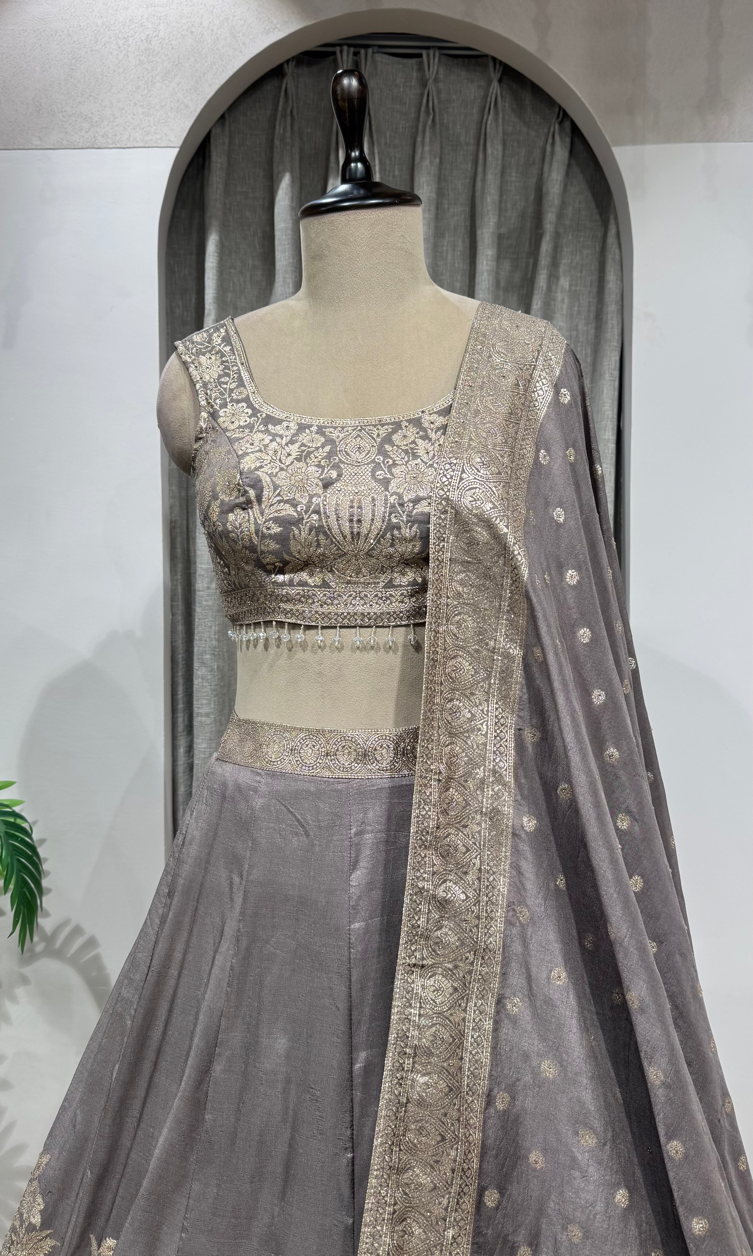 grey with gold embroidered lehenga choli