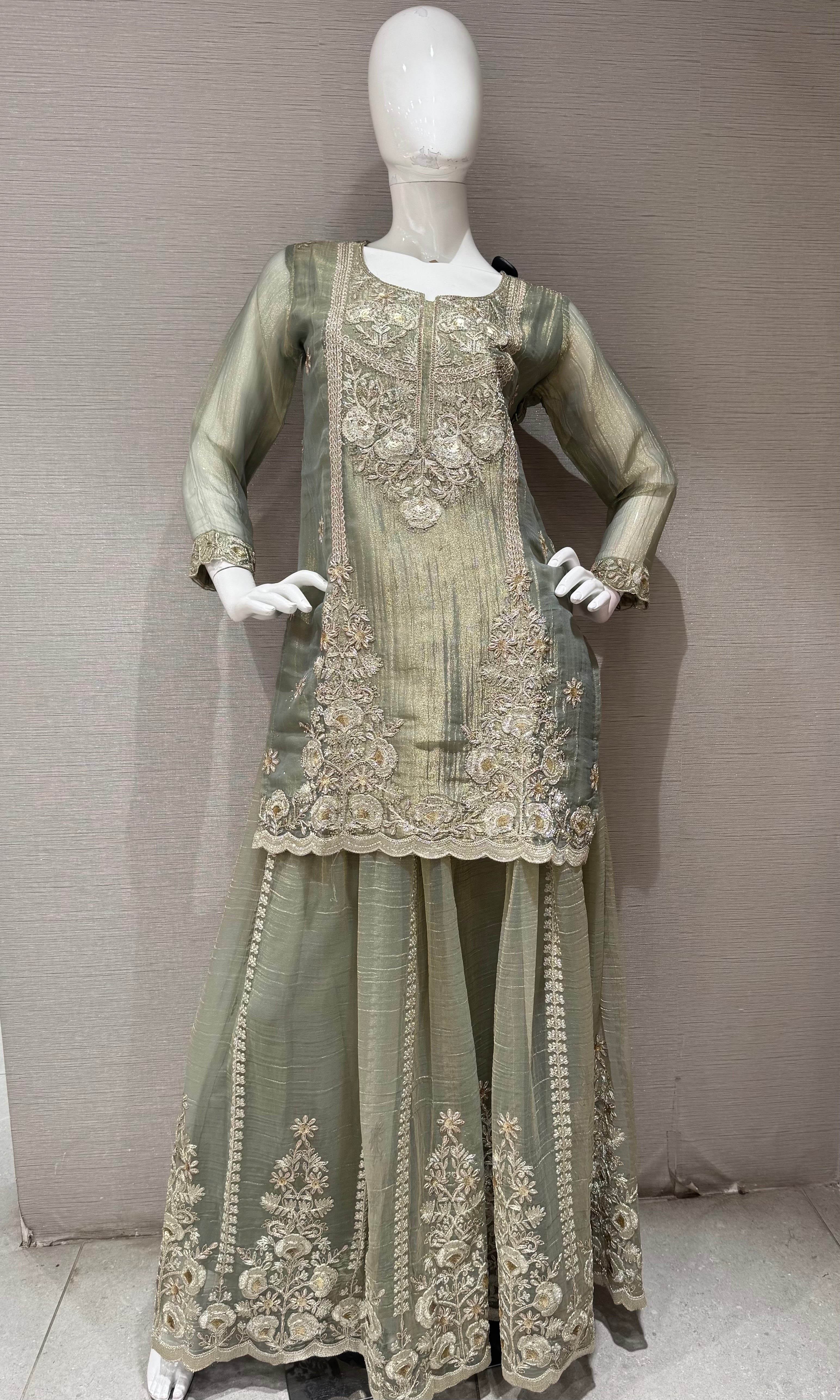 Pista green Shimmer gold embroidered Sharara Set