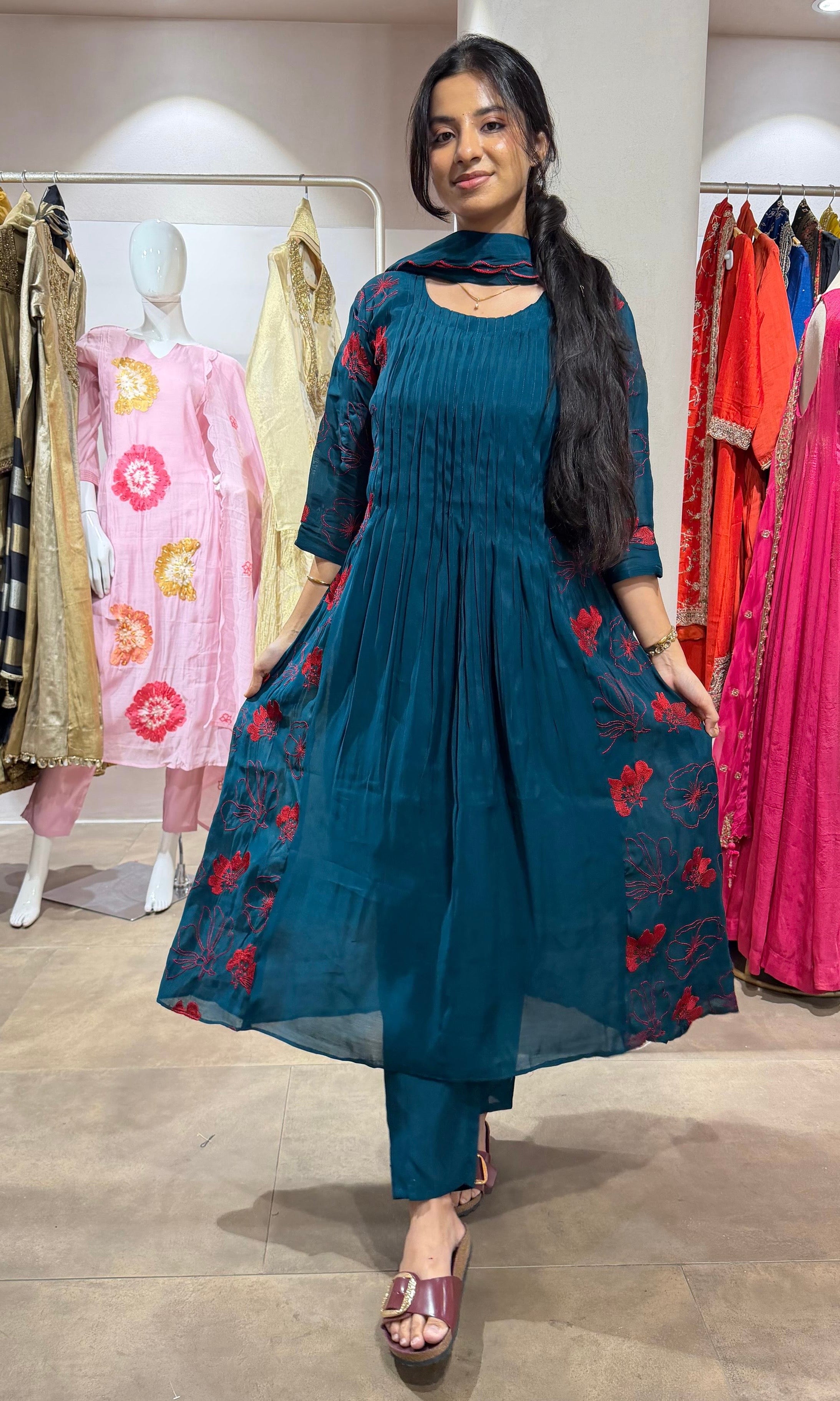 Blue Floral Embroidered Kurta Set with Dupatta