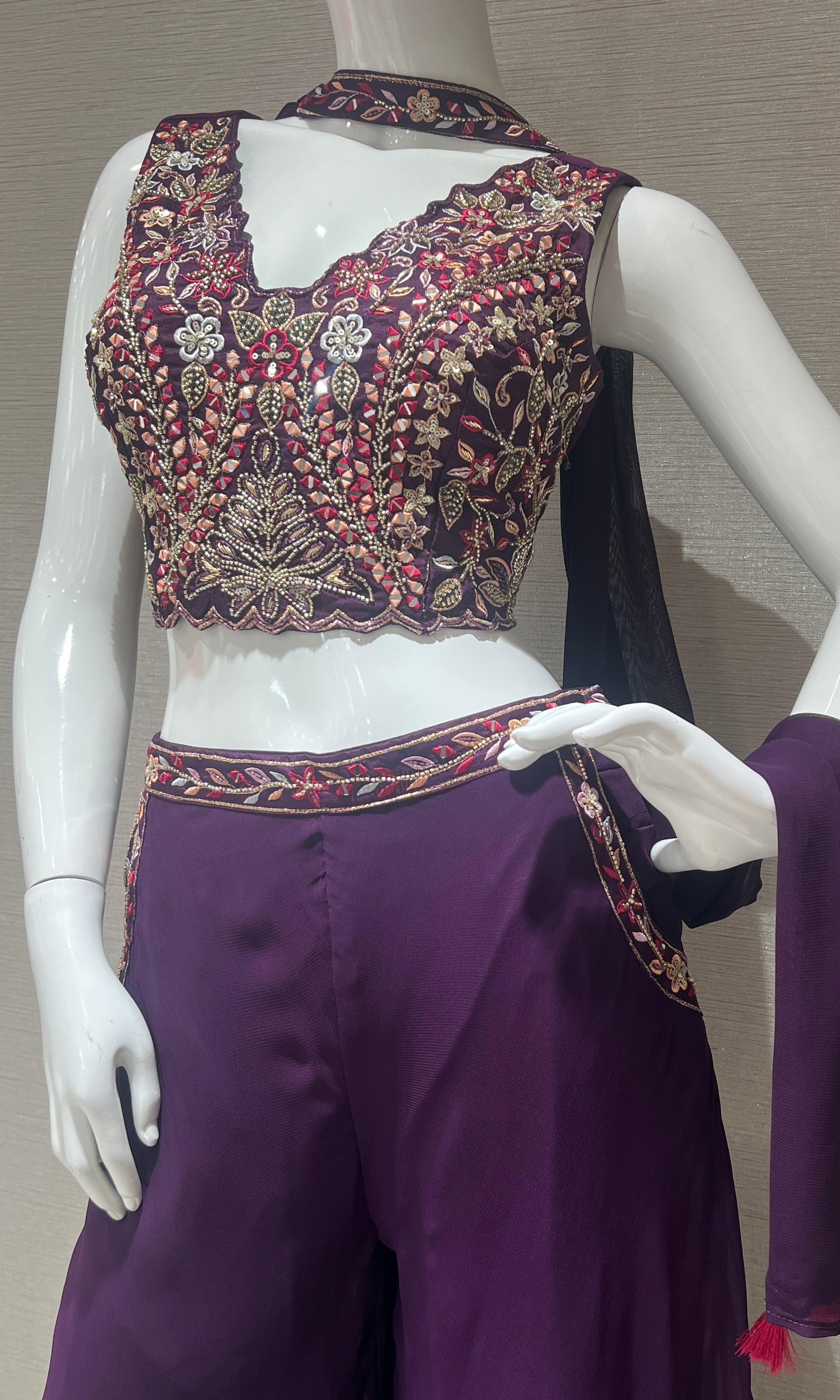 Wine palazzo set with neck dupatta