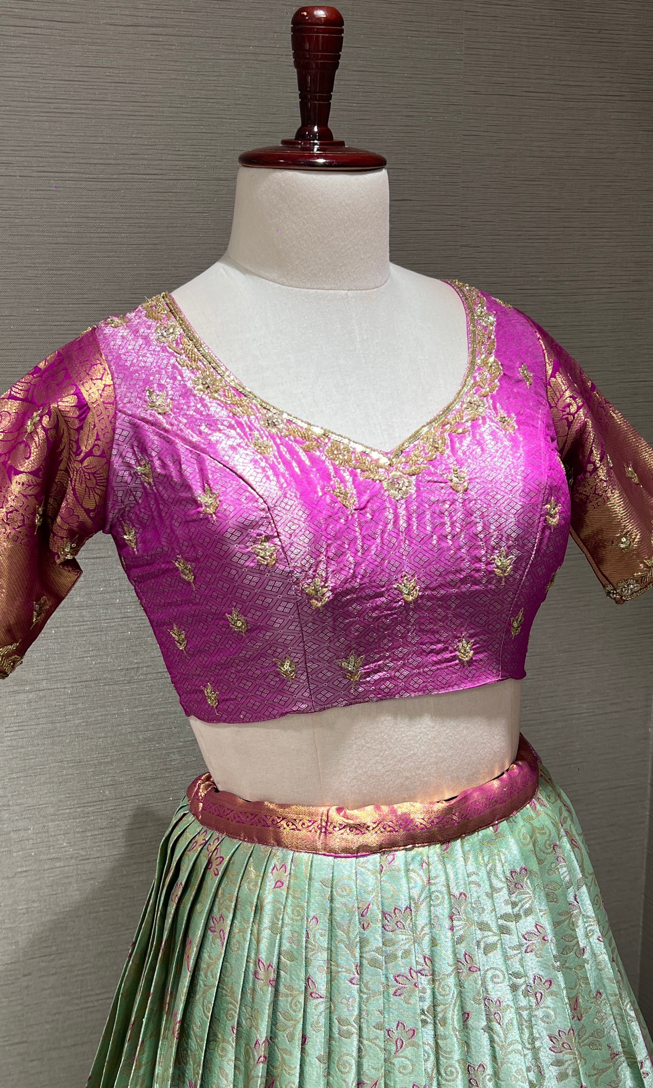 pink Lehenga with Pastel Mint Floral Weave