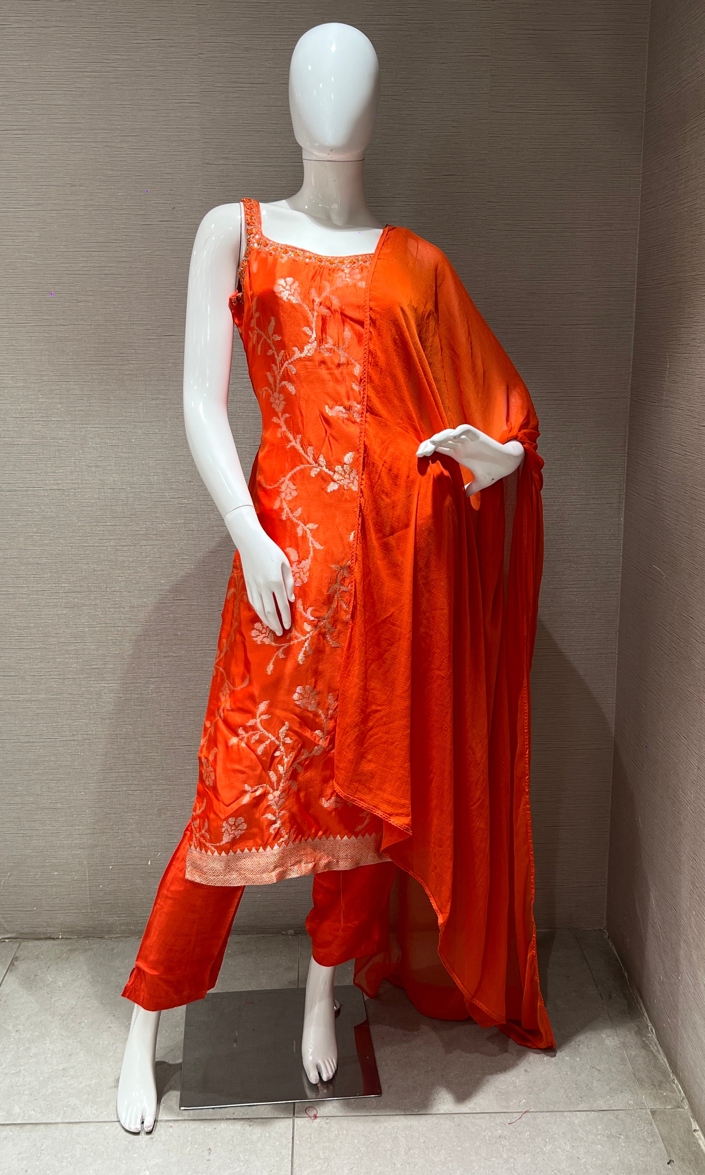 Orange banarasi silk kurta set