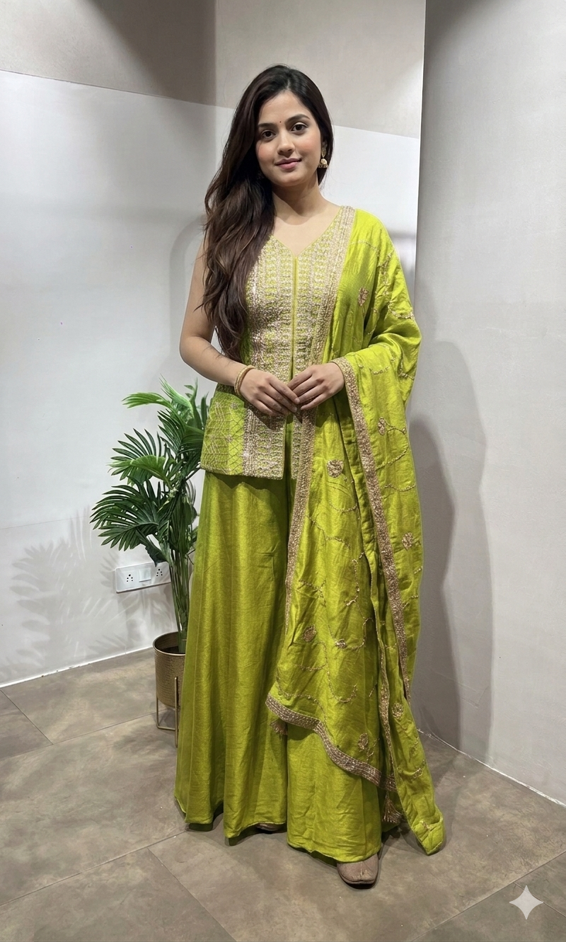 Mehndi Green Embroidered Palazzo Set