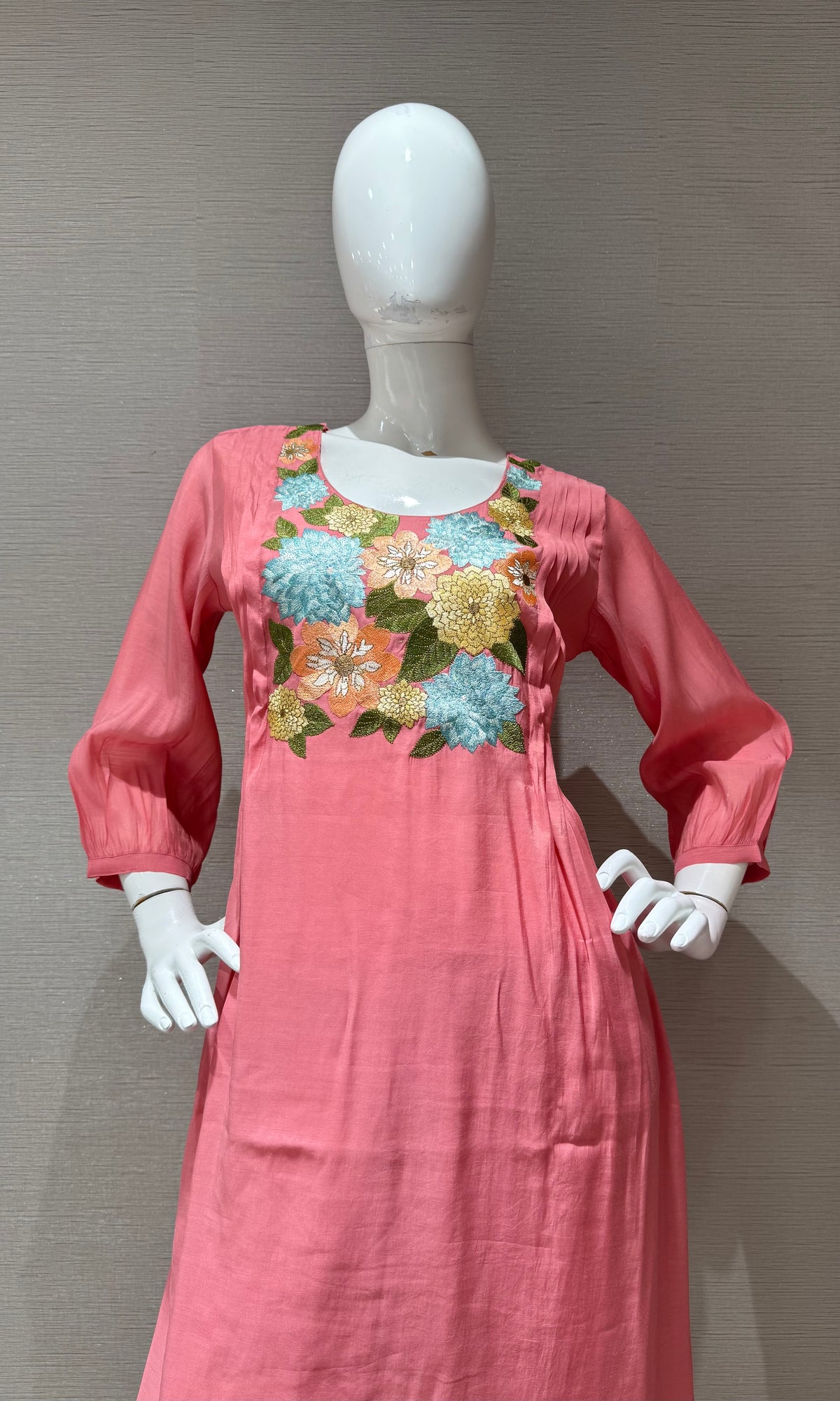Pink Floral Embroidered Mul Chanderi A Line kurta Set with dupatta