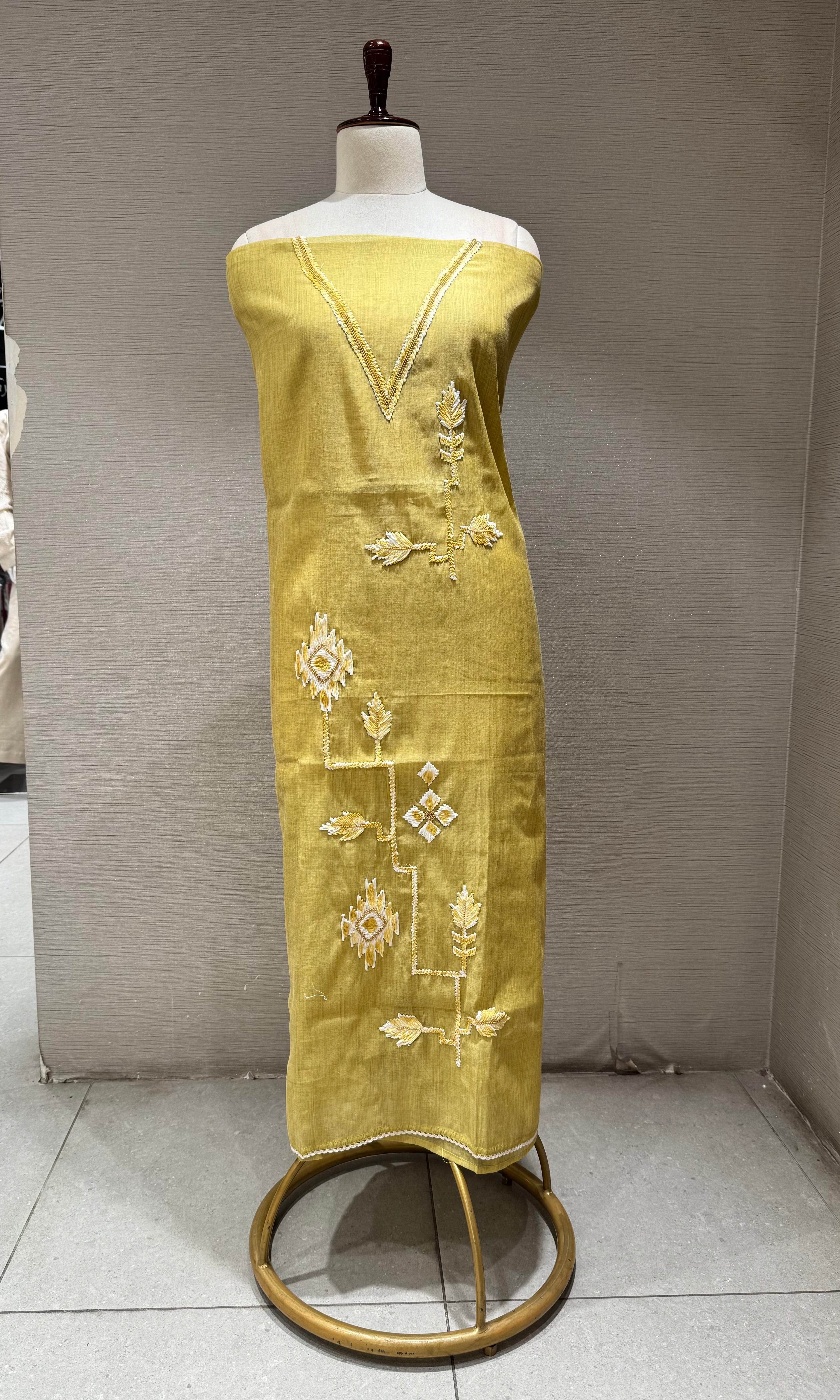 Olive green Dress Material with Geometric Embroidery