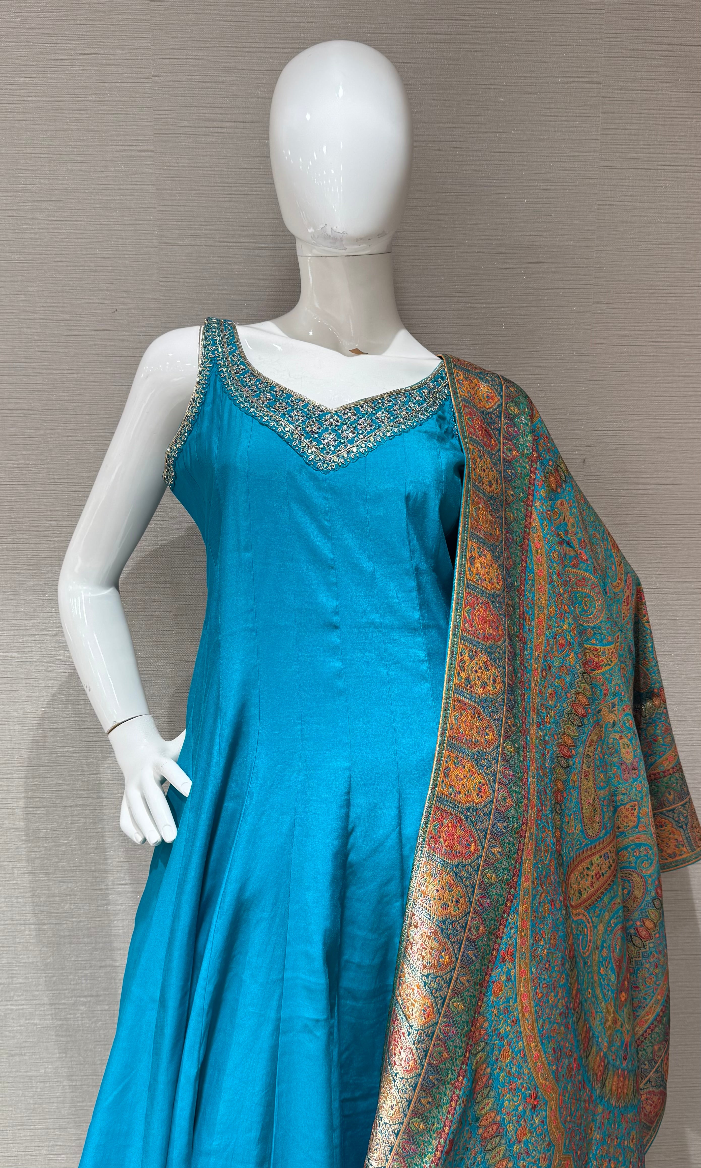 Rama Blue Anarkali with Contrast Dupatta