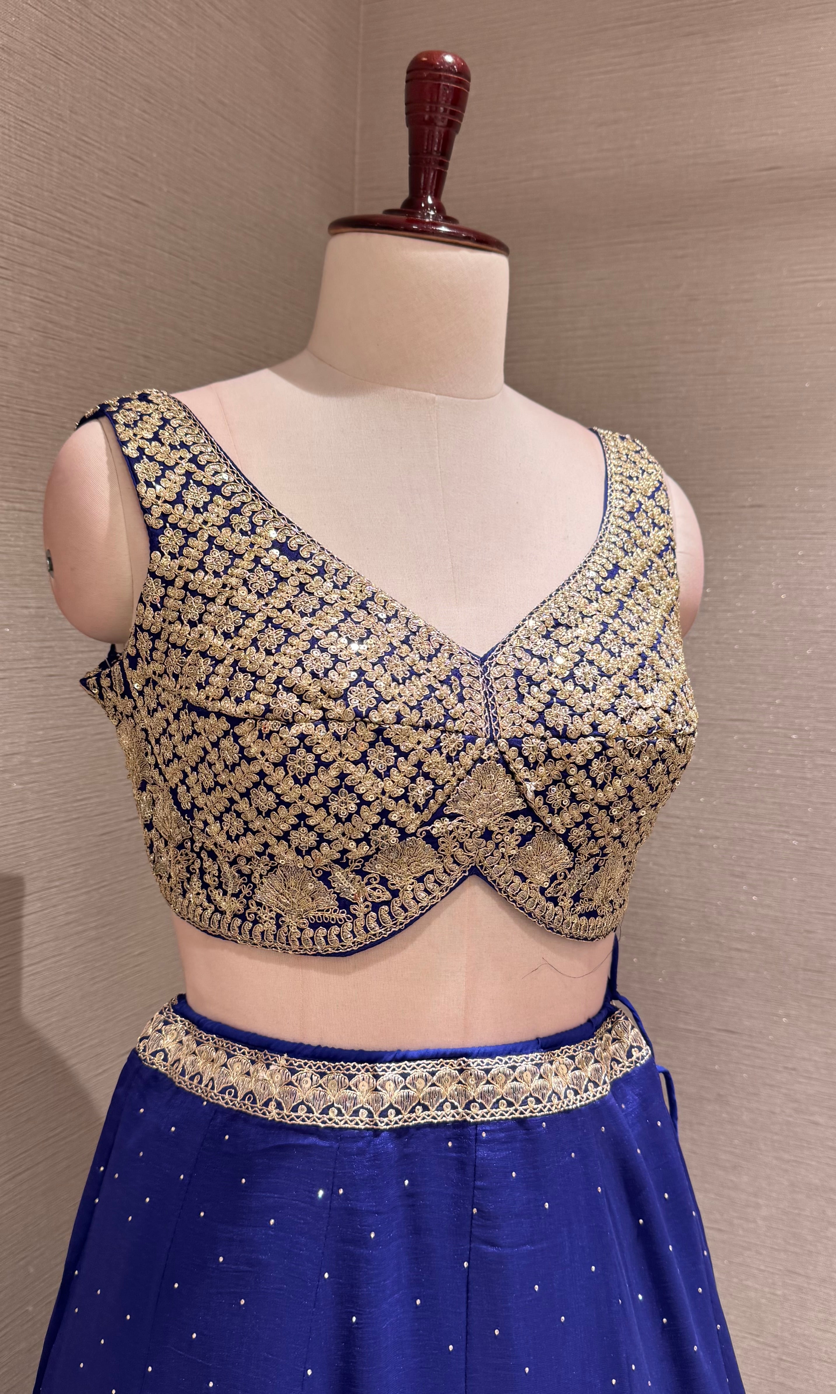 royal blue lehenga set with intricate gold & silver embroidery