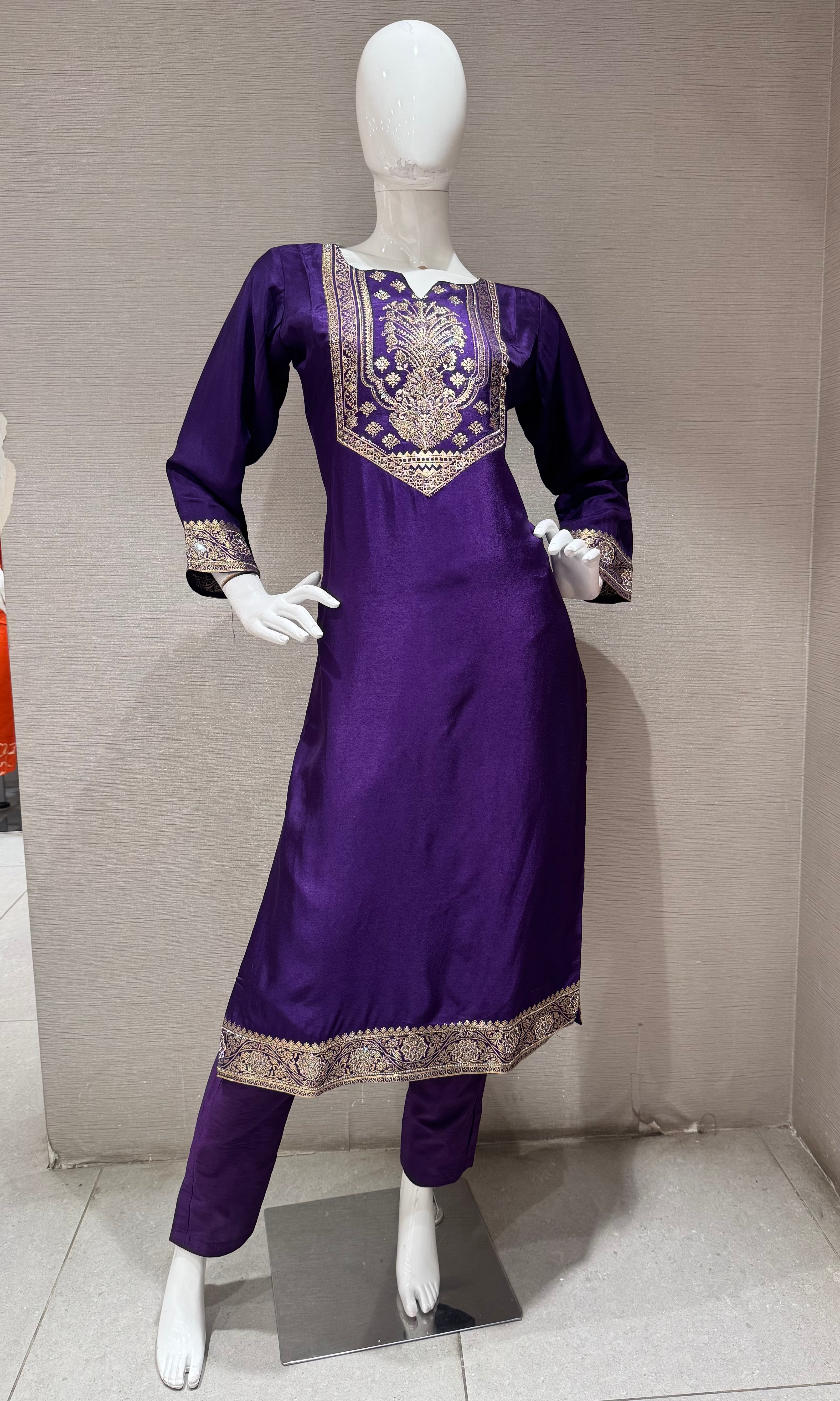 Purple Silk Embroidered Kurta Set with Banarasi Dupatta