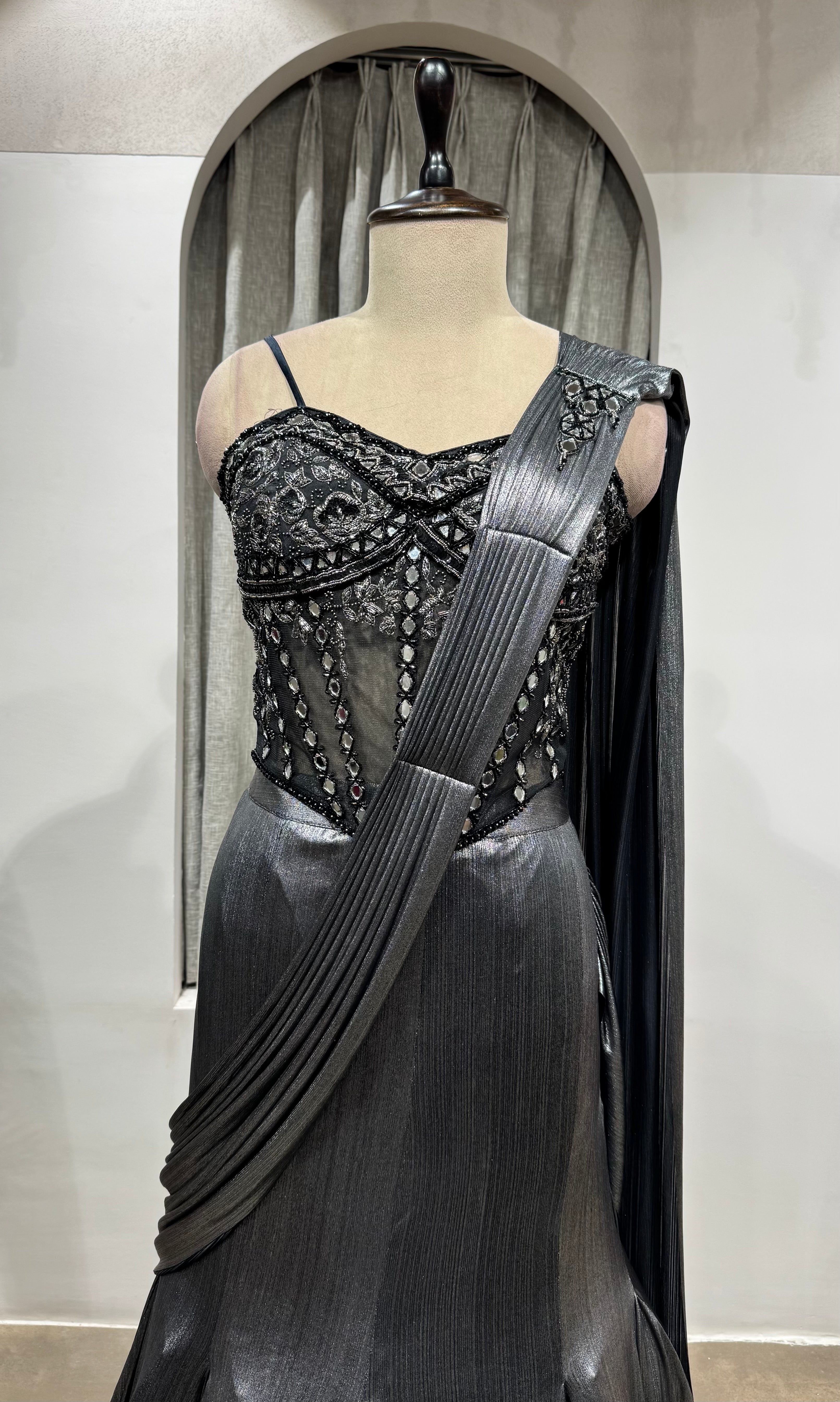 BLACK Gunmetal Shimmer Mermaid Lehenga