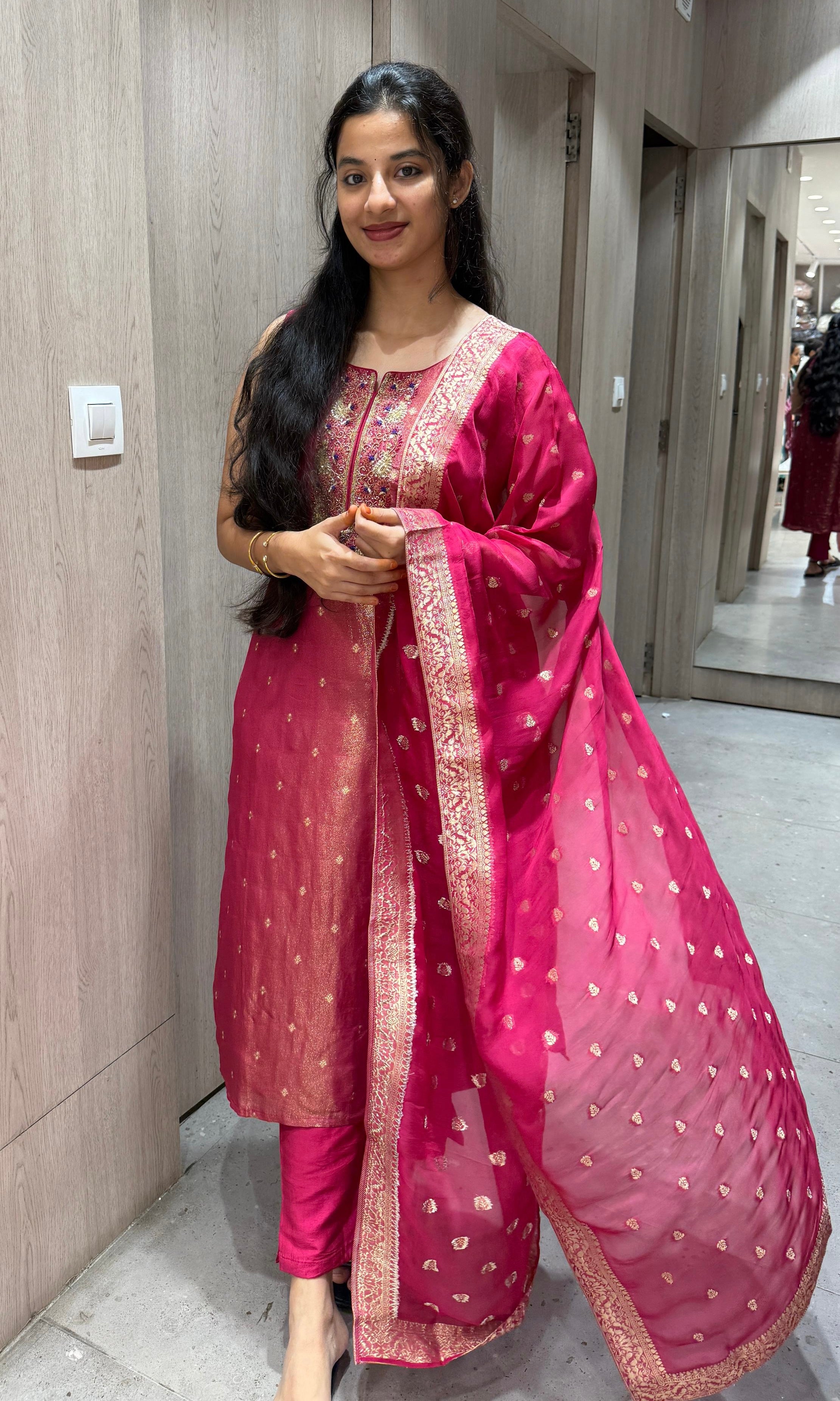 Magenta Pink Kurta Set with Gold Embroidery