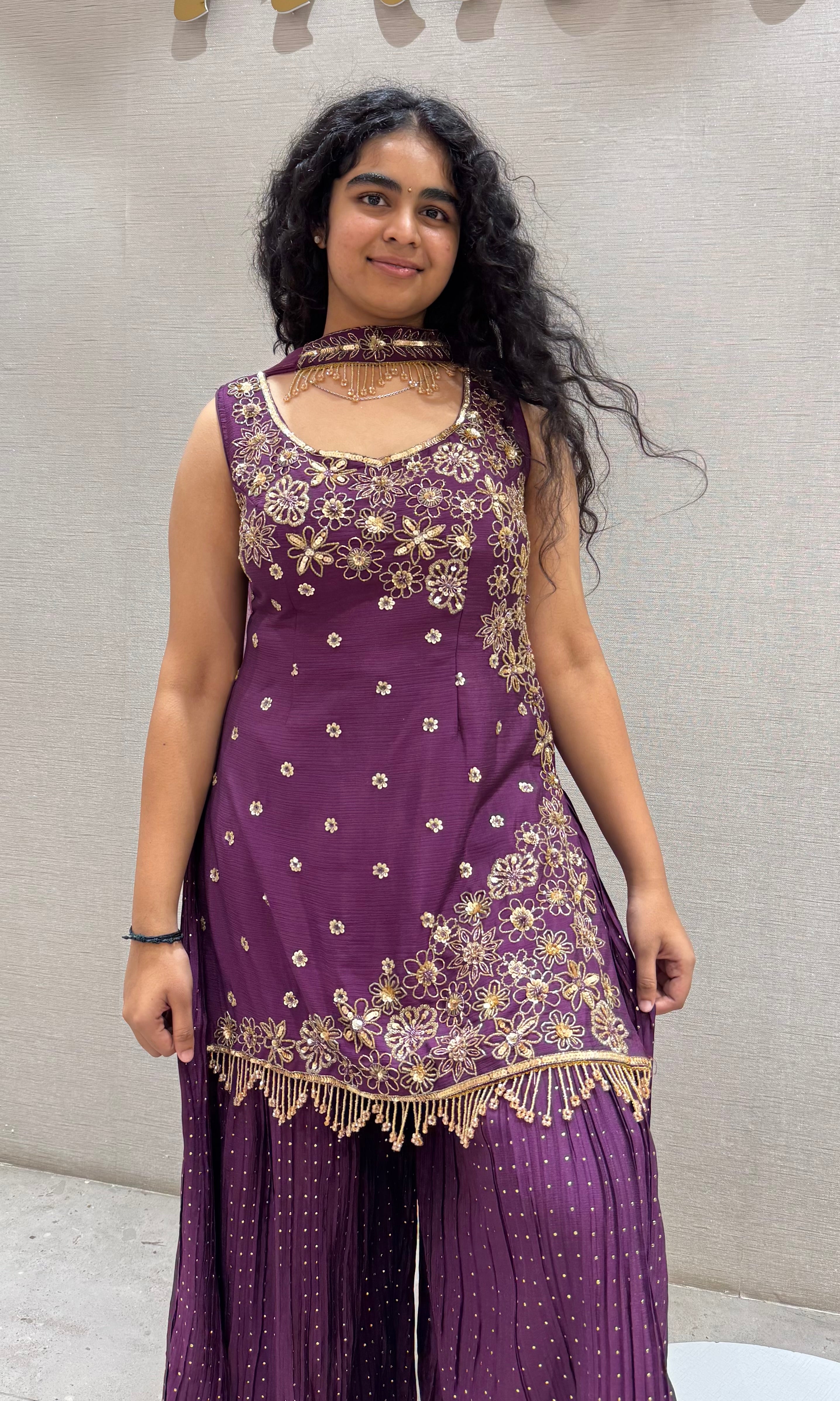 WINE Silk gold embroidered sharara set
