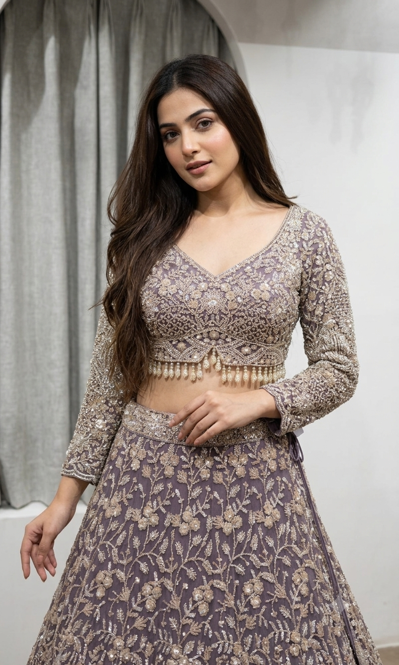 Light Purple Sequin Embellished Bridal Lehenga